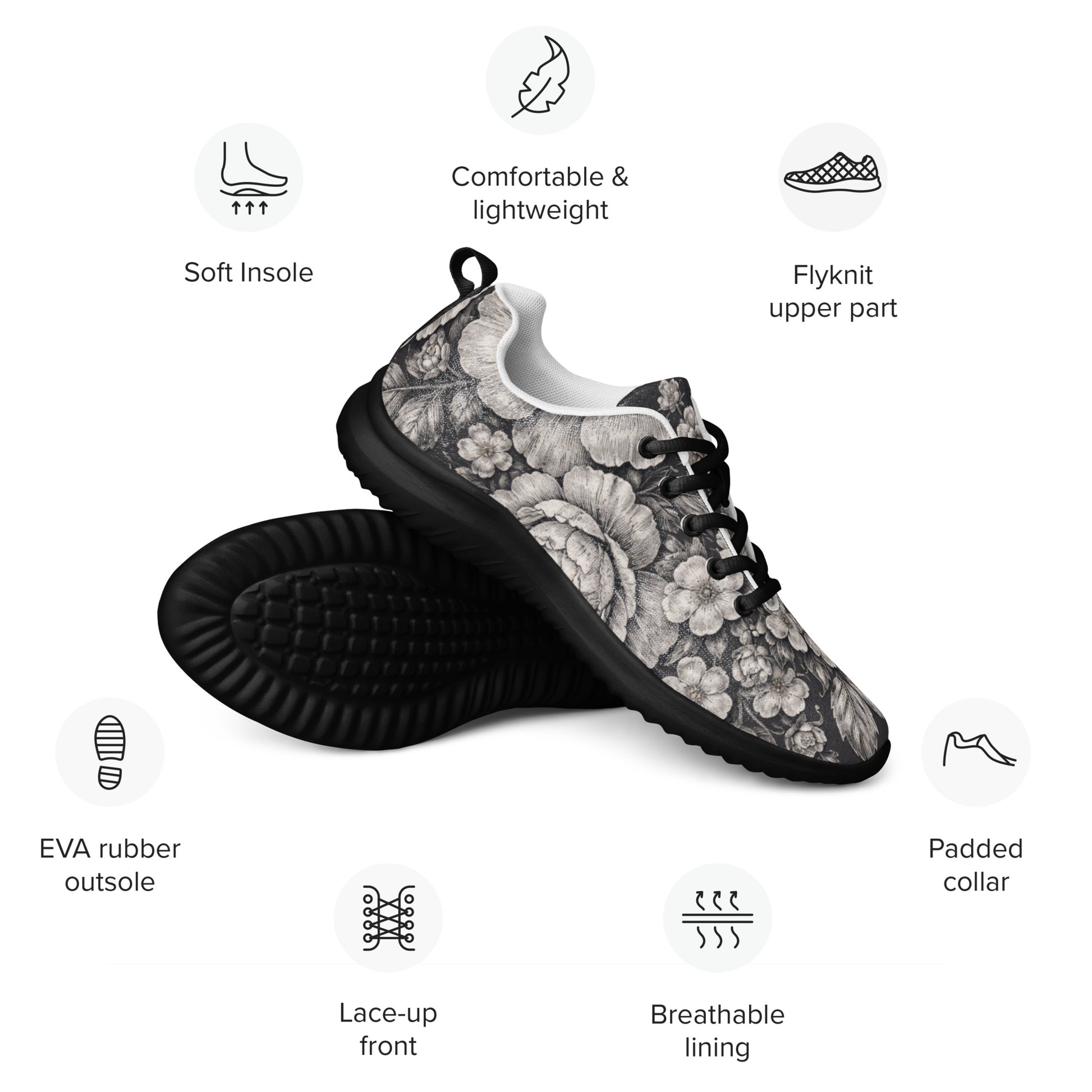 Men’s athletic shoes - Noir Floral Athletic Shoes – Men's Grayscale Rose Print Sneakers by printfluence.net