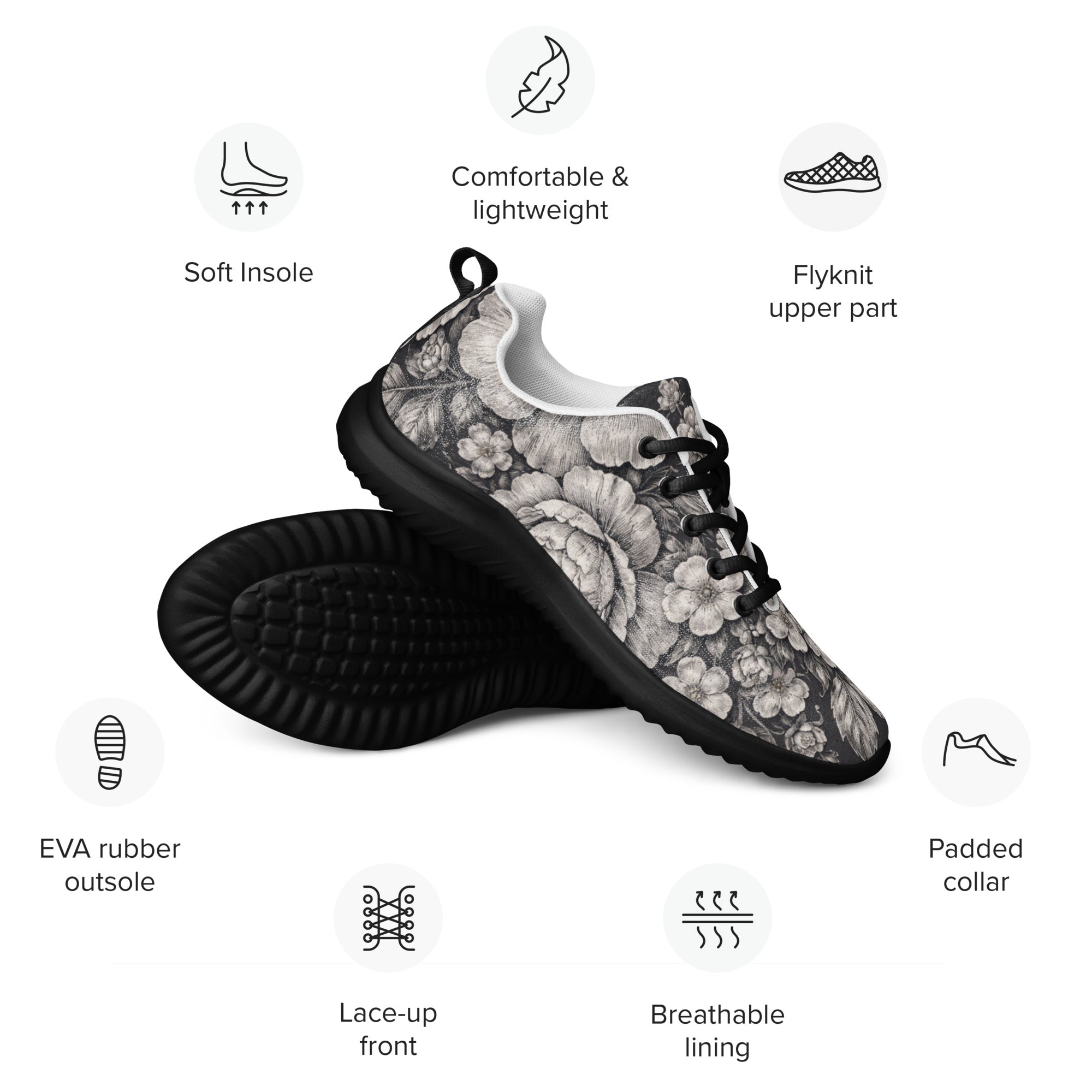 Men’s athletic shoes - Noir Floral Athletic Shoes – Men's Grayscale Rose Print Sneakers by printfluence.net