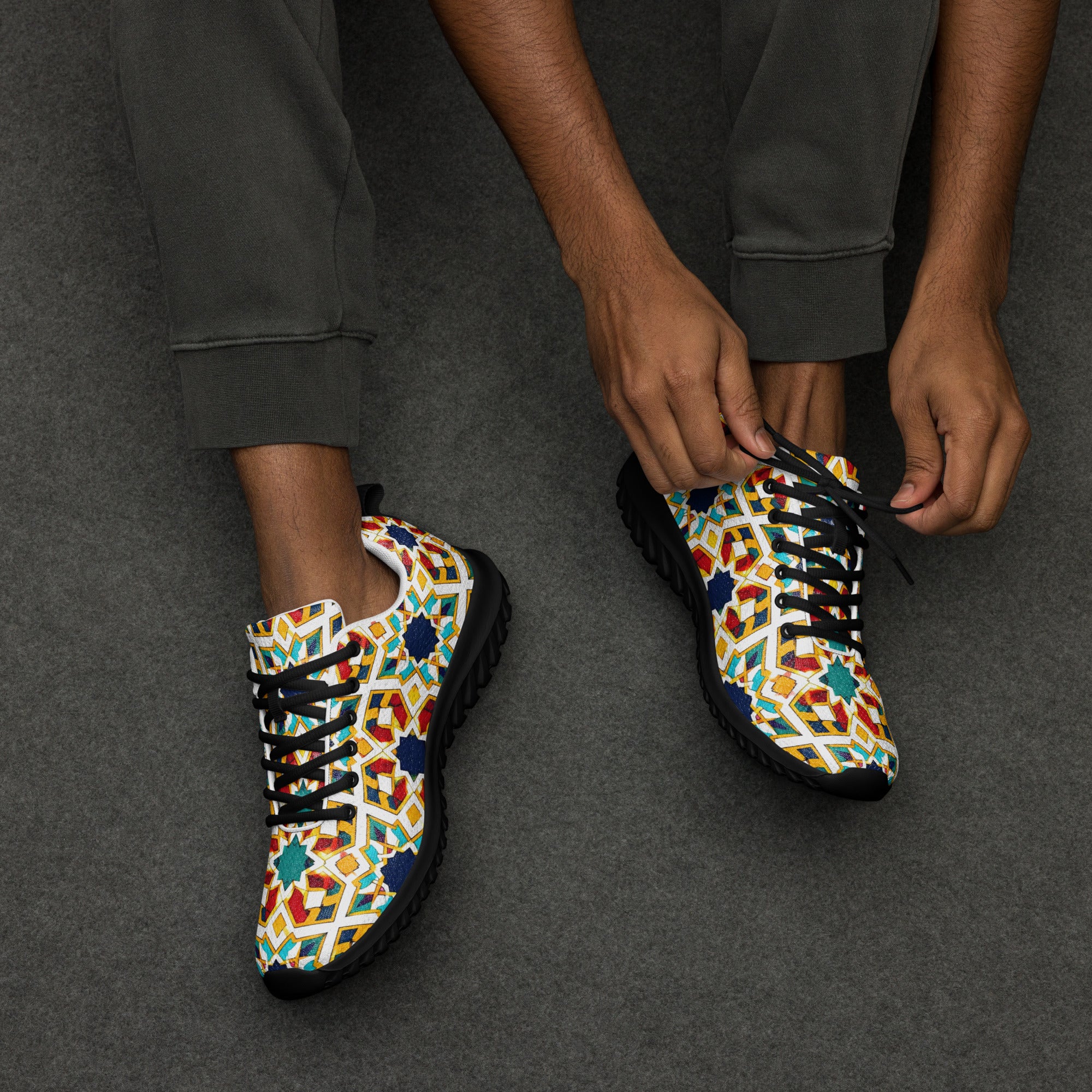 Men’s athletic shoes - Elite Royal Arabesque Floral - Premium Luxury Geometric Star Pattern Design by printfluence.net