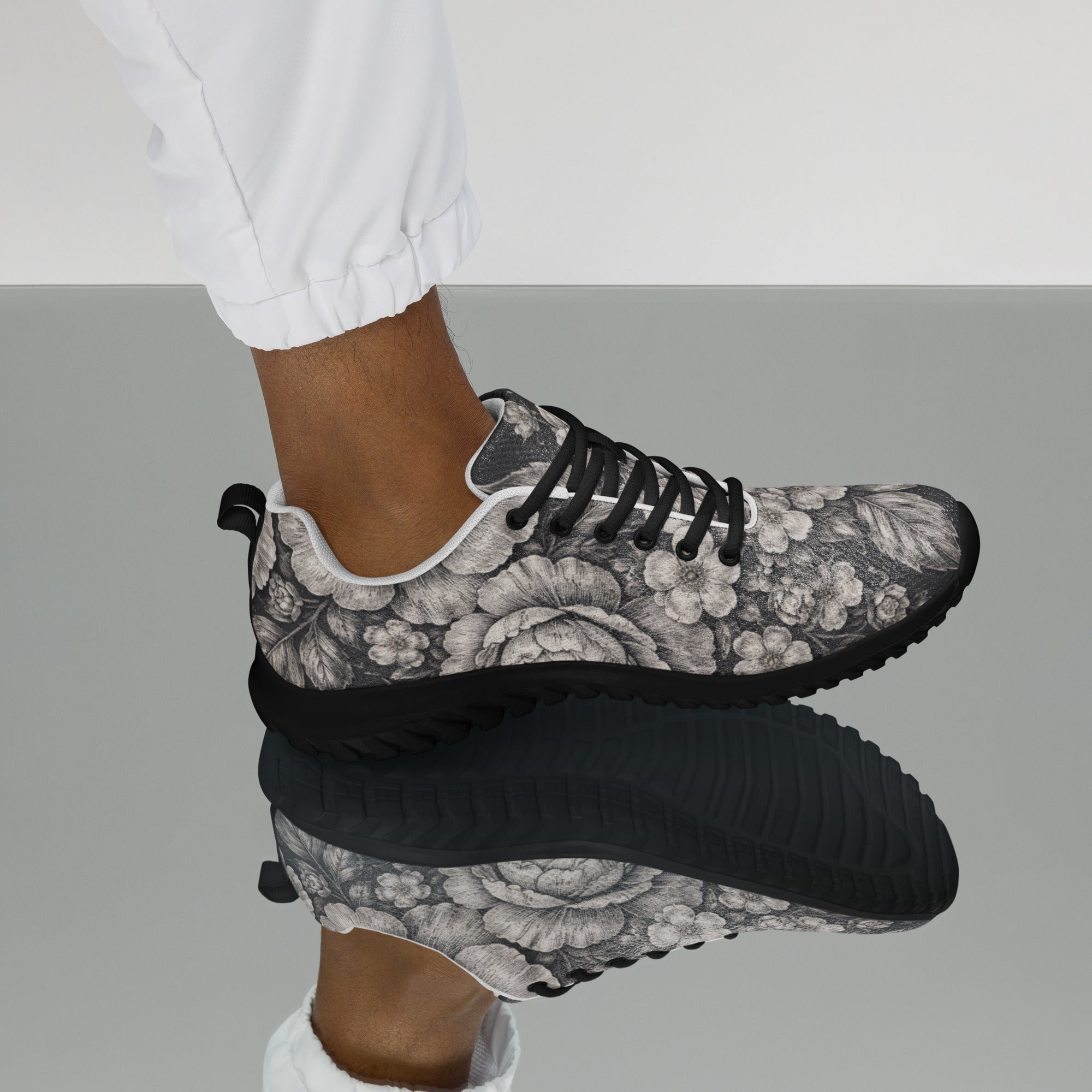 Men’s athletic shoes - Noir Floral Athletic Shoes – Men's Grayscale Rose Print Sneakers by printfluence.net