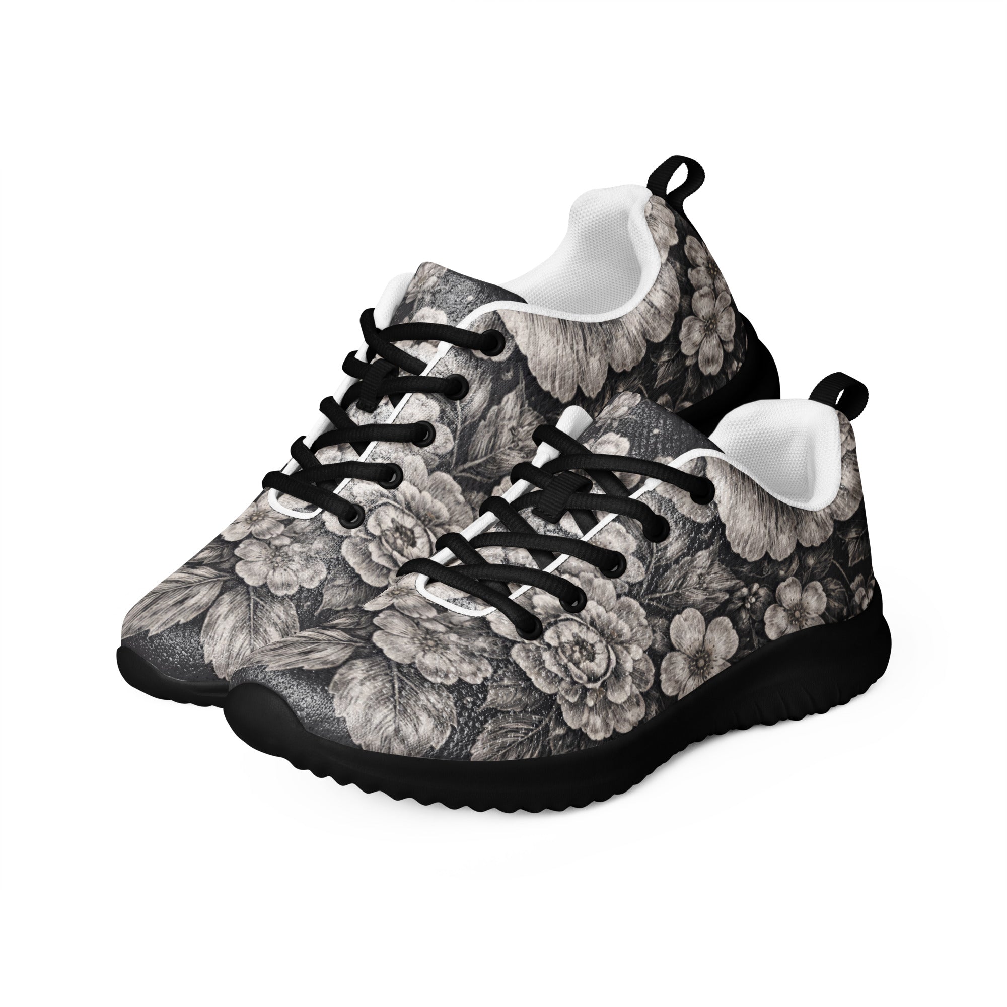 Men’s athletic shoes - Noir Floral Athletic Shoes – Men's Grayscale Rose Print Sneakers by printfluence.net
