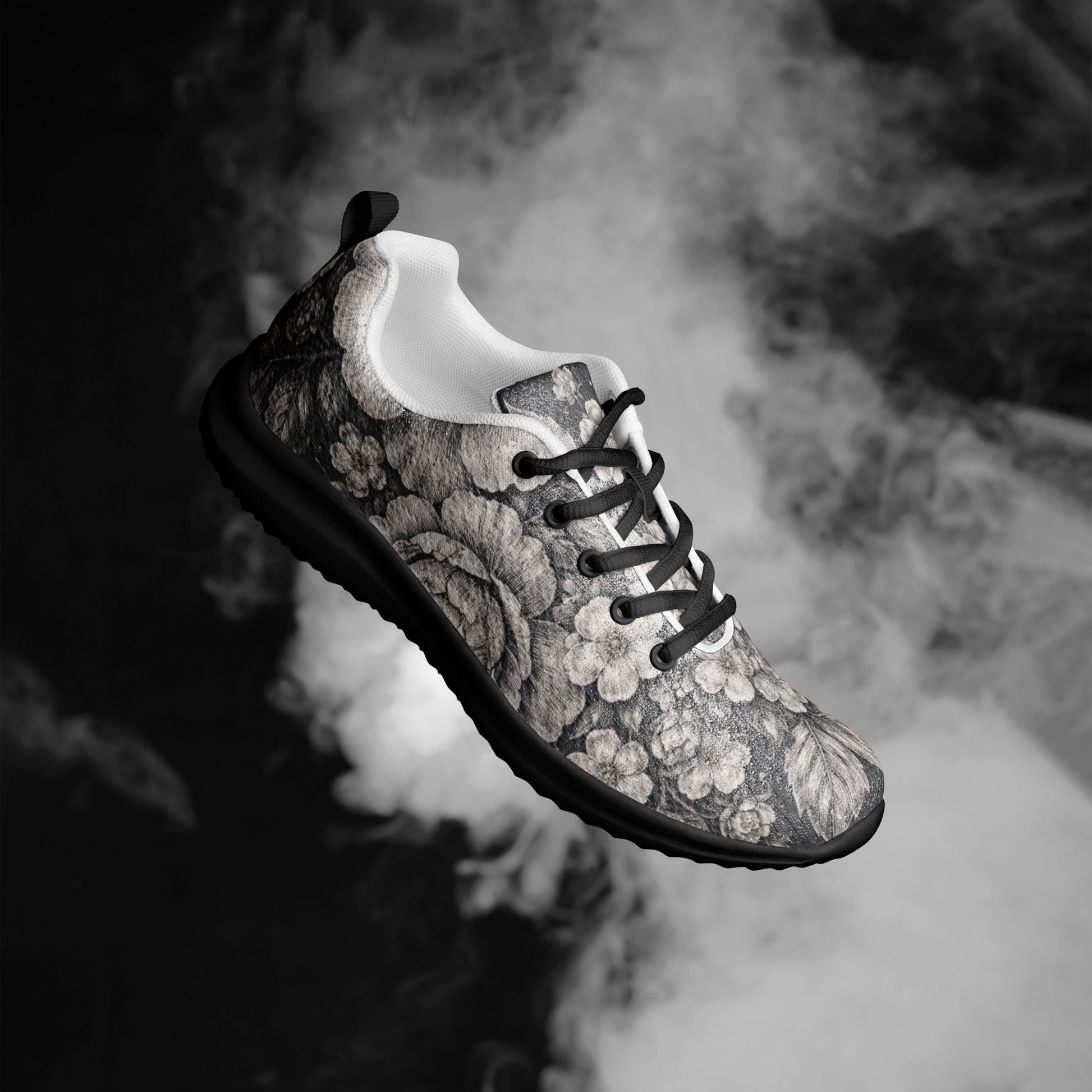 Men’s athletic shoes - Noir Floral Athletic Shoes – Men's Grayscale Rose Print Sneakers by printfluence.net