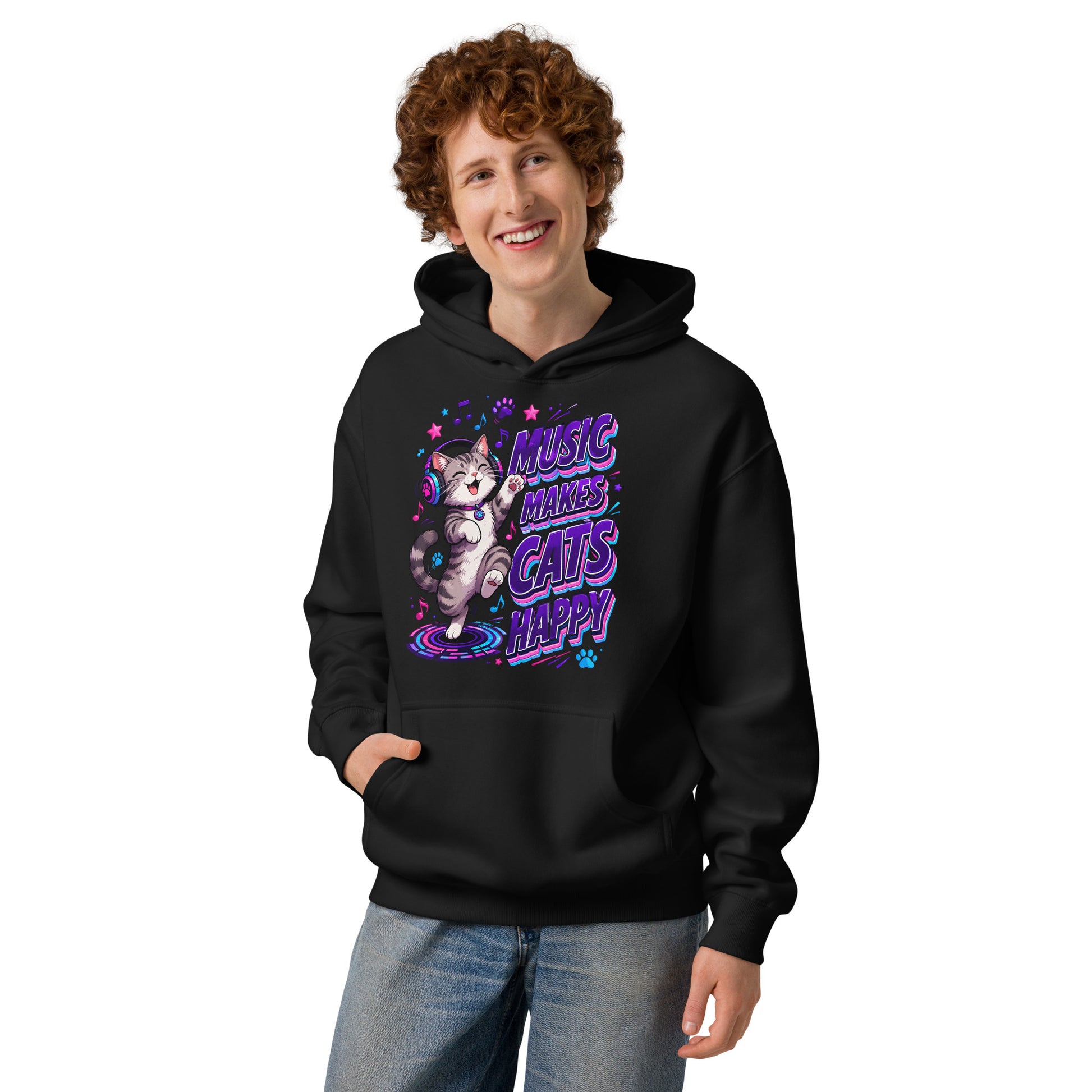 Elite Music Makes Cats Happy - Premium Luxury Men’s Box Hoodie for Cat Lovers by printfluence.net