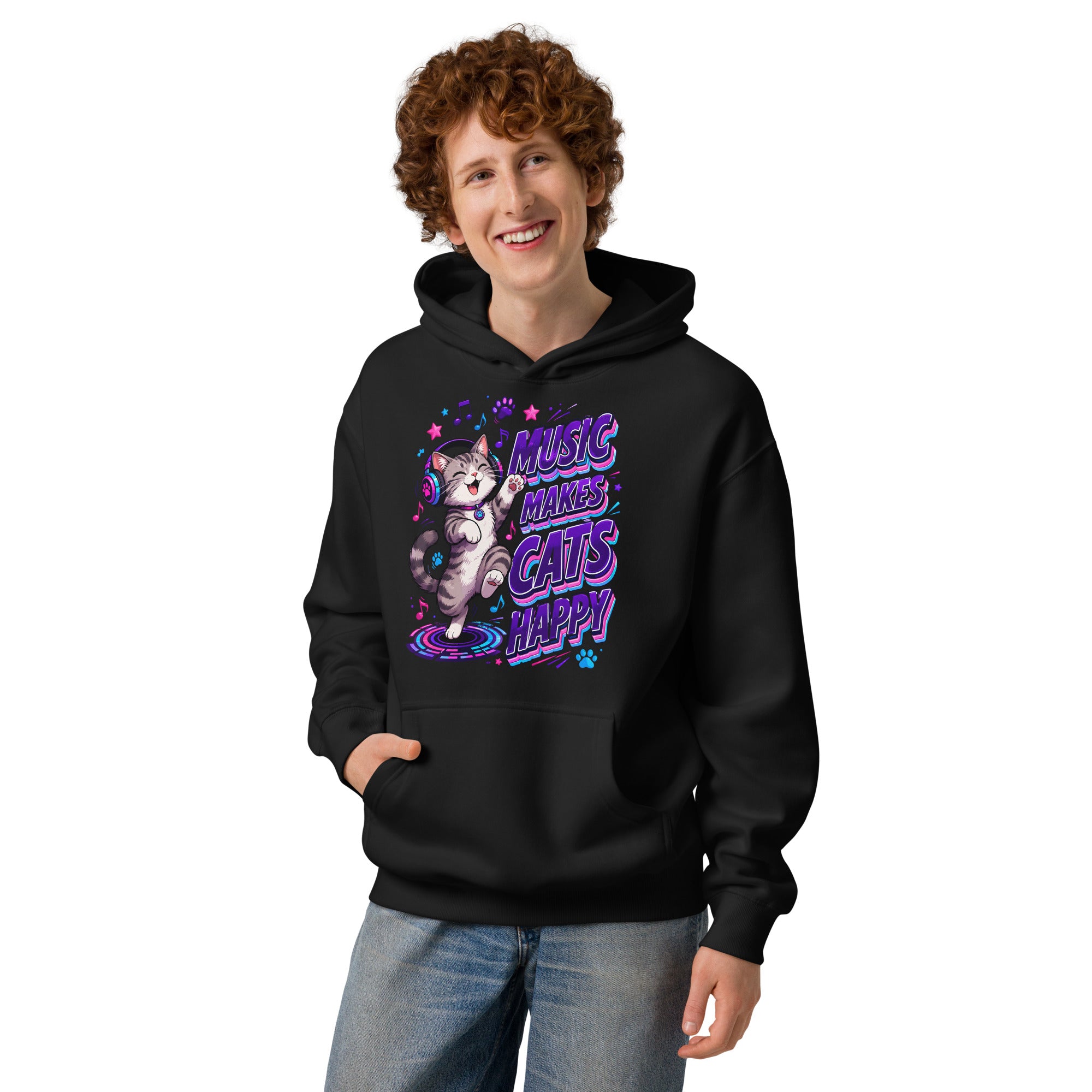 Elite Music Makes Cats Happy - Premium Luxury Men’s Box Hoodie for Cat Lovers by printfluence.net