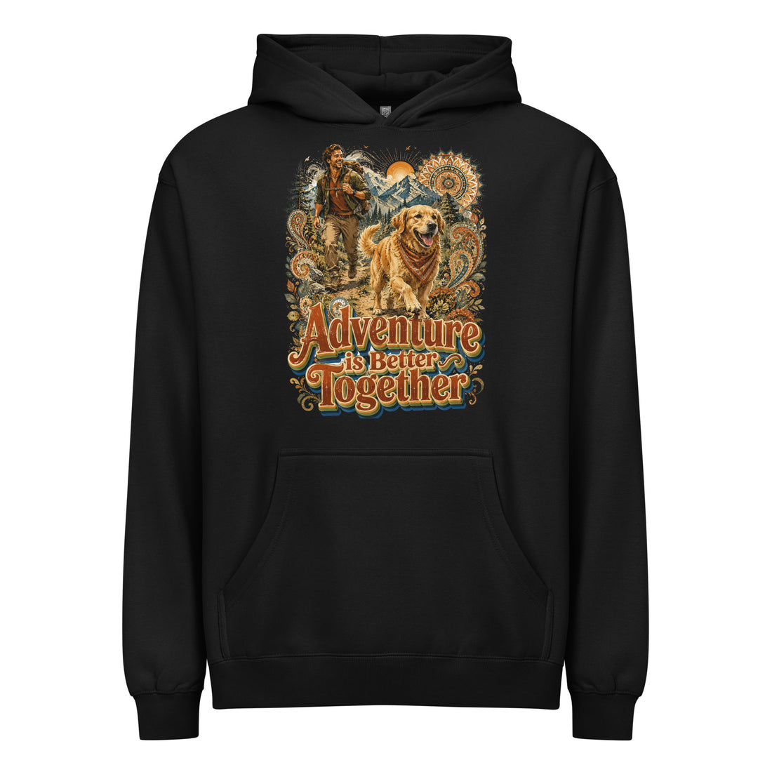 Golden Retriever Lovers Men’s Box Hoodie — "Adventure is Better Together" Hiking Man and Dog Design by printfluence.net