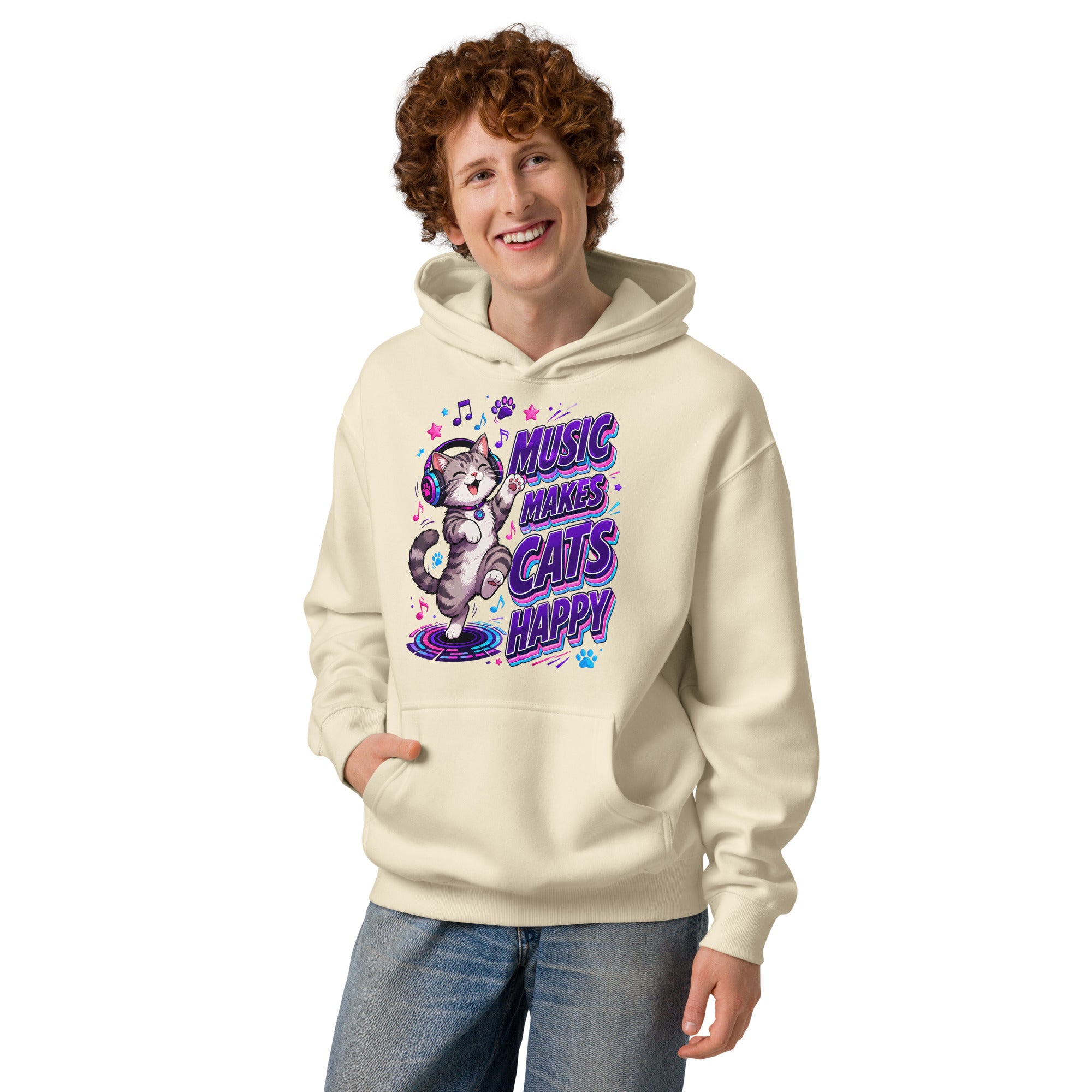 Elite Music Makes Cats Happy - Premium Luxury Men’s Box Hoodie for Cat Lovers by printfluence.net