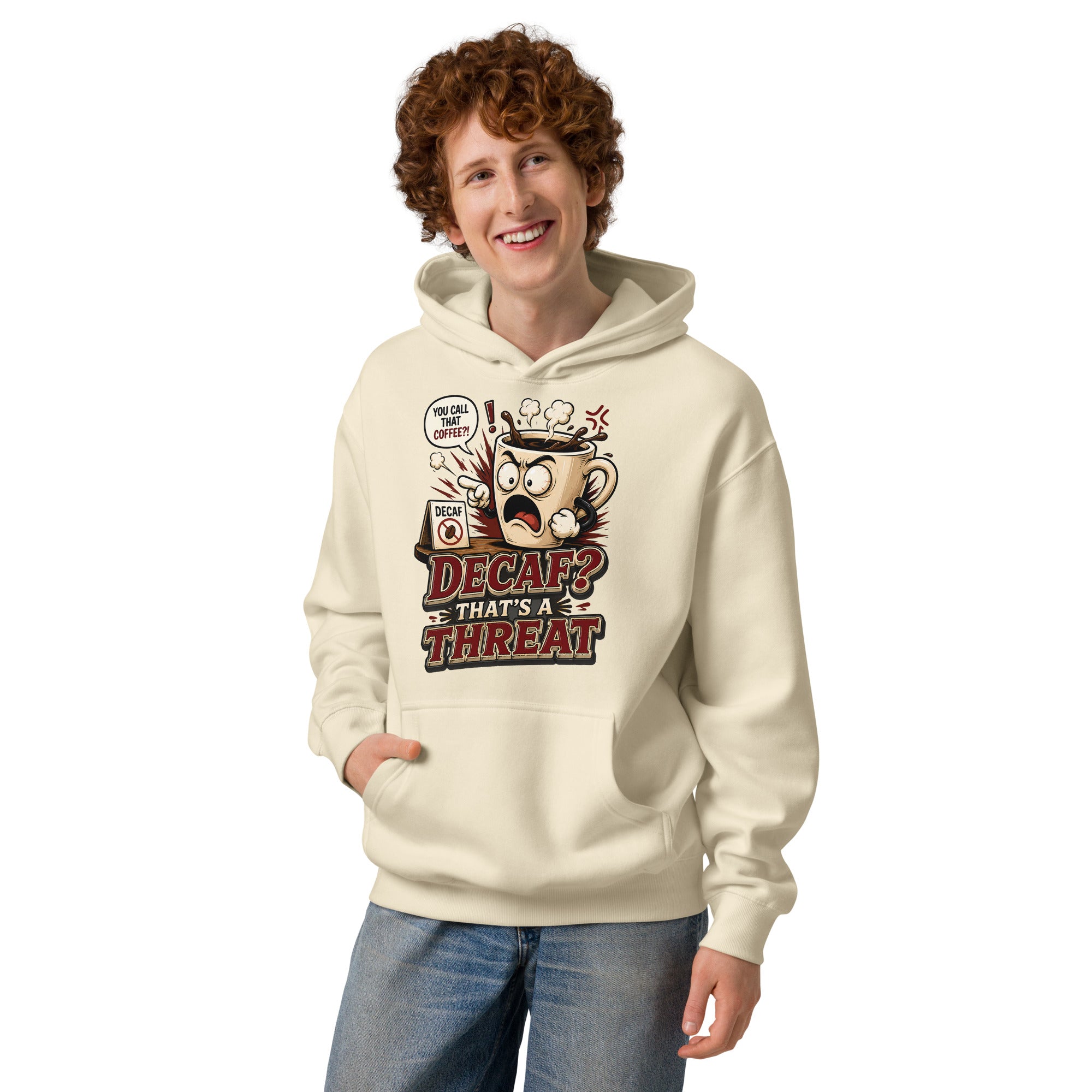 Funny Coffee Lover Ringer Tee - Decaf? That's A Threat! Custom Graphic T-Shirt by printfluence.net