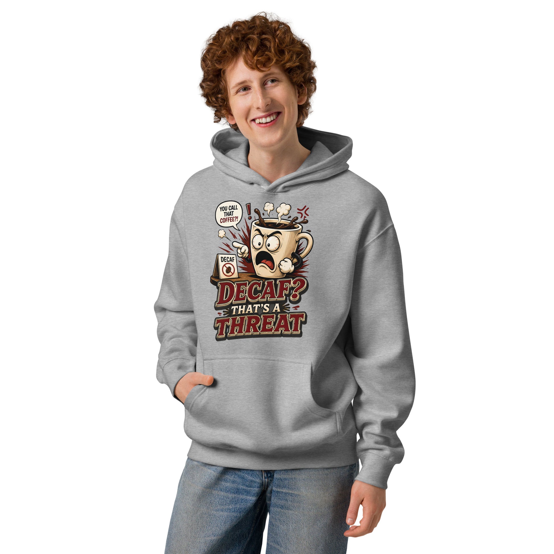 Funny Coffee Lover Ringer Tee - Decaf? That's A Threat! Custom Graphic T-Shirt by printfluence.net