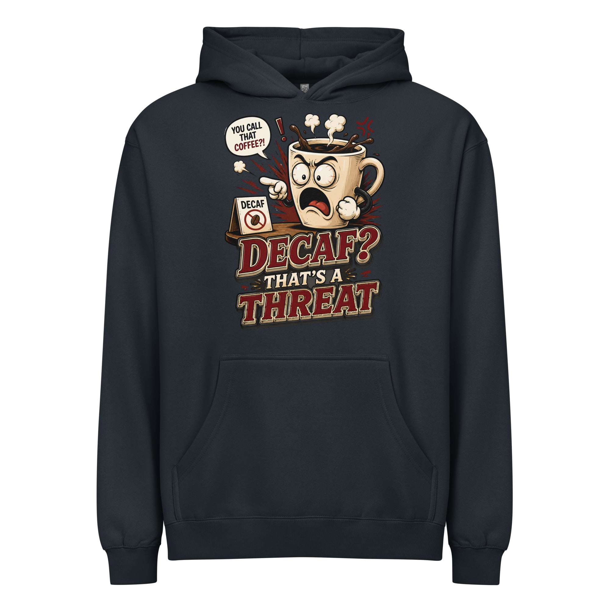 Funny Coffee Lover Ringer Tee - Decaf? That's A Threat! Custom Graphic T-Shirt by printfluence.net