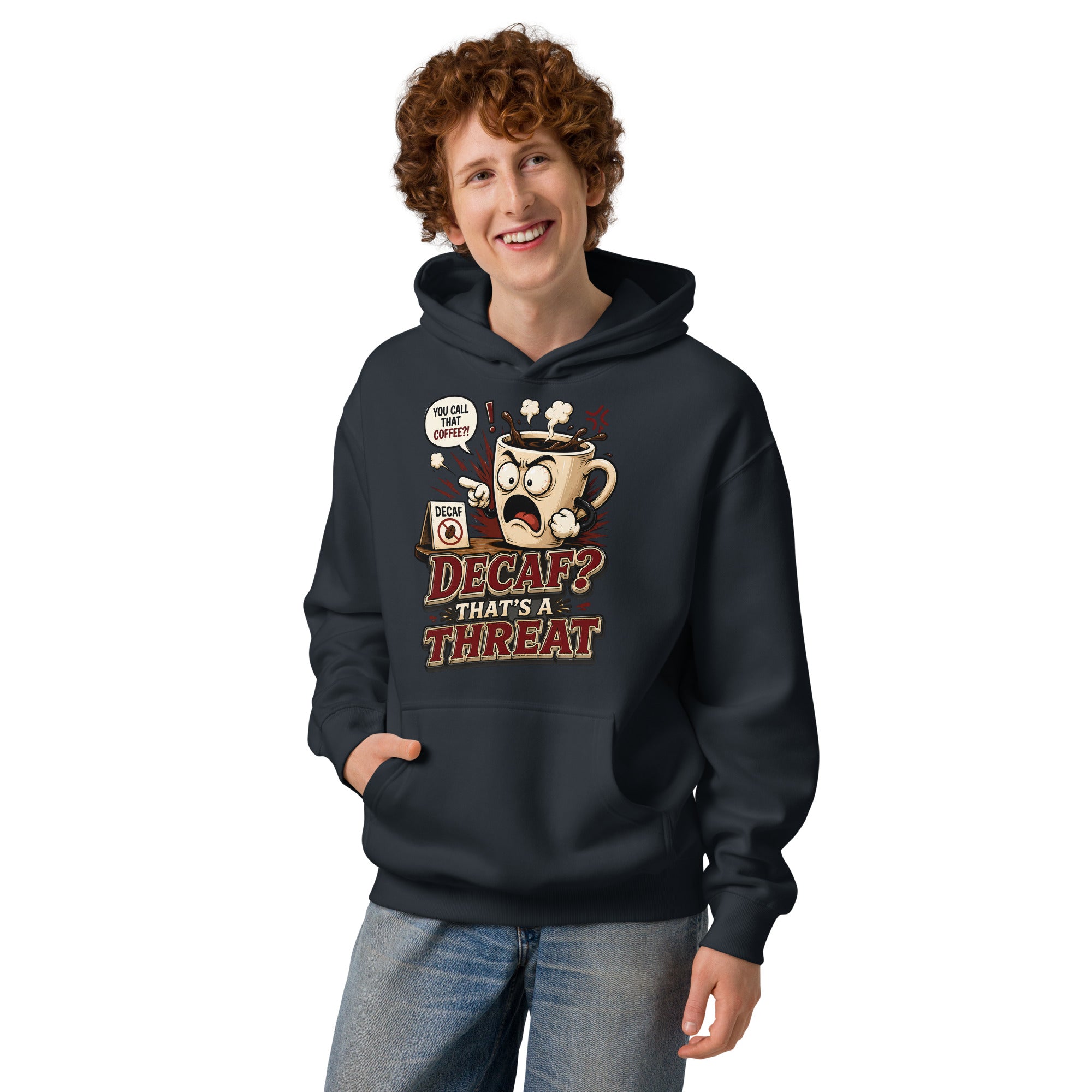 Funny Coffee Lover Ringer Tee - Decaf? That's A Threat! Custom Graphic T-Shirt by printfluence.net