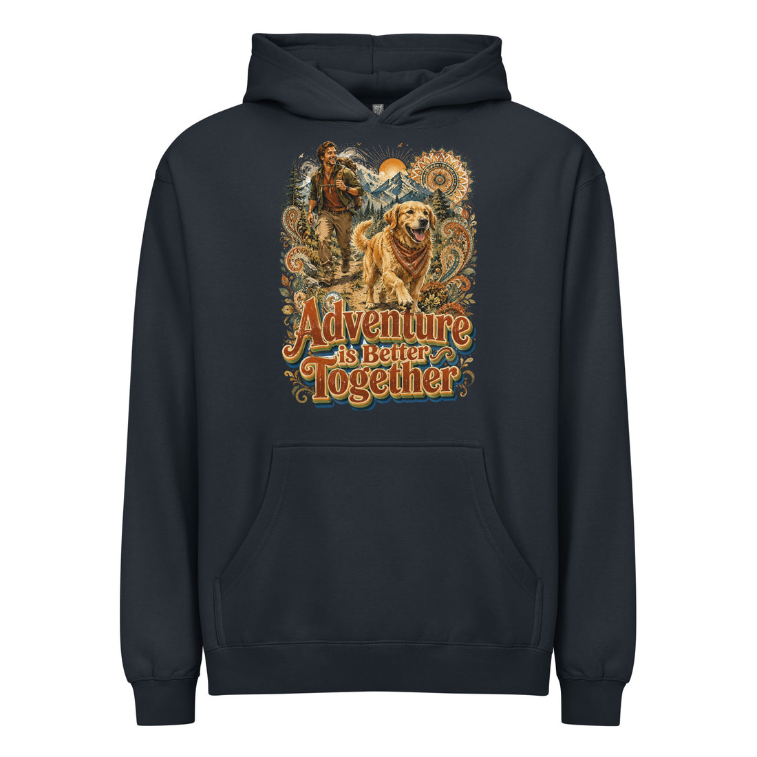 Golden Retriever Lovers Men’s Box Hoodie — "Adventure is Better Together" Hiking Man and Dog Design by printfluence.net
