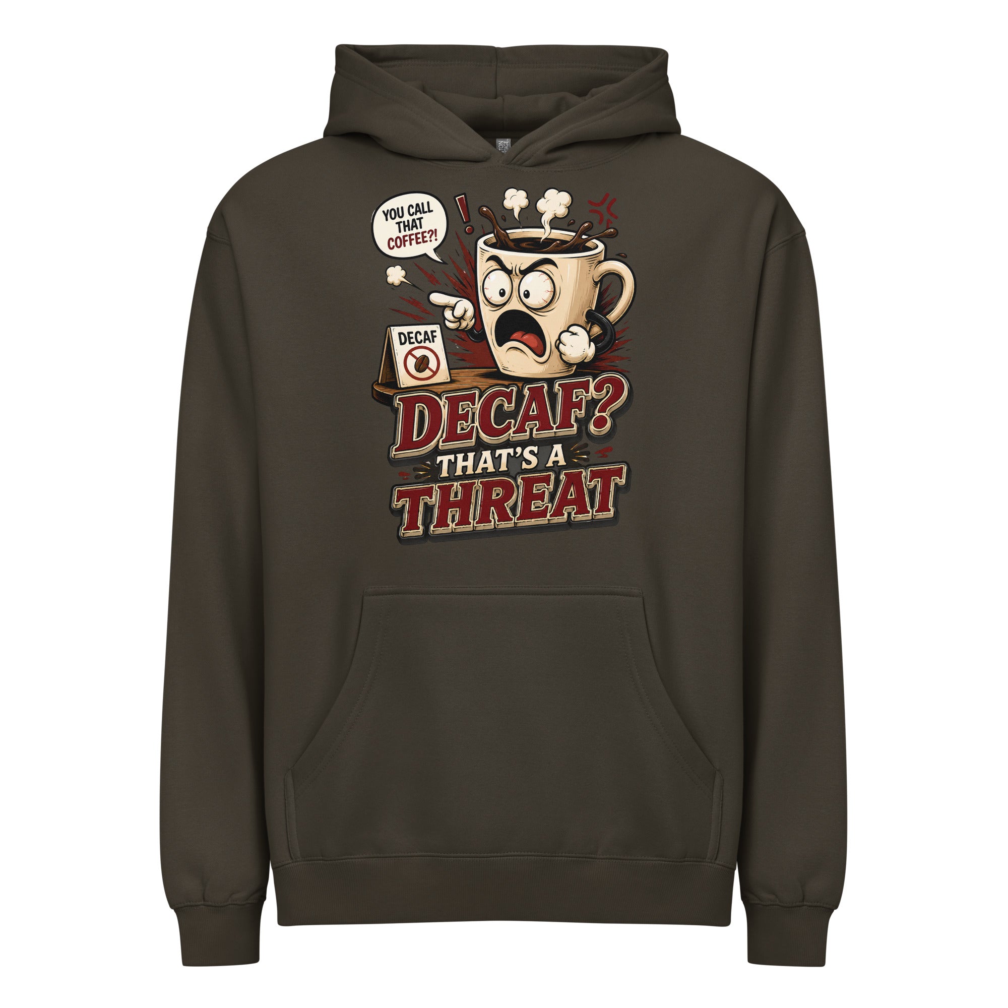 Funny Coffee Lover Ringer Tee - Decaf? That's A Threat! Custom Graphic T-Shirt by printfluence.net