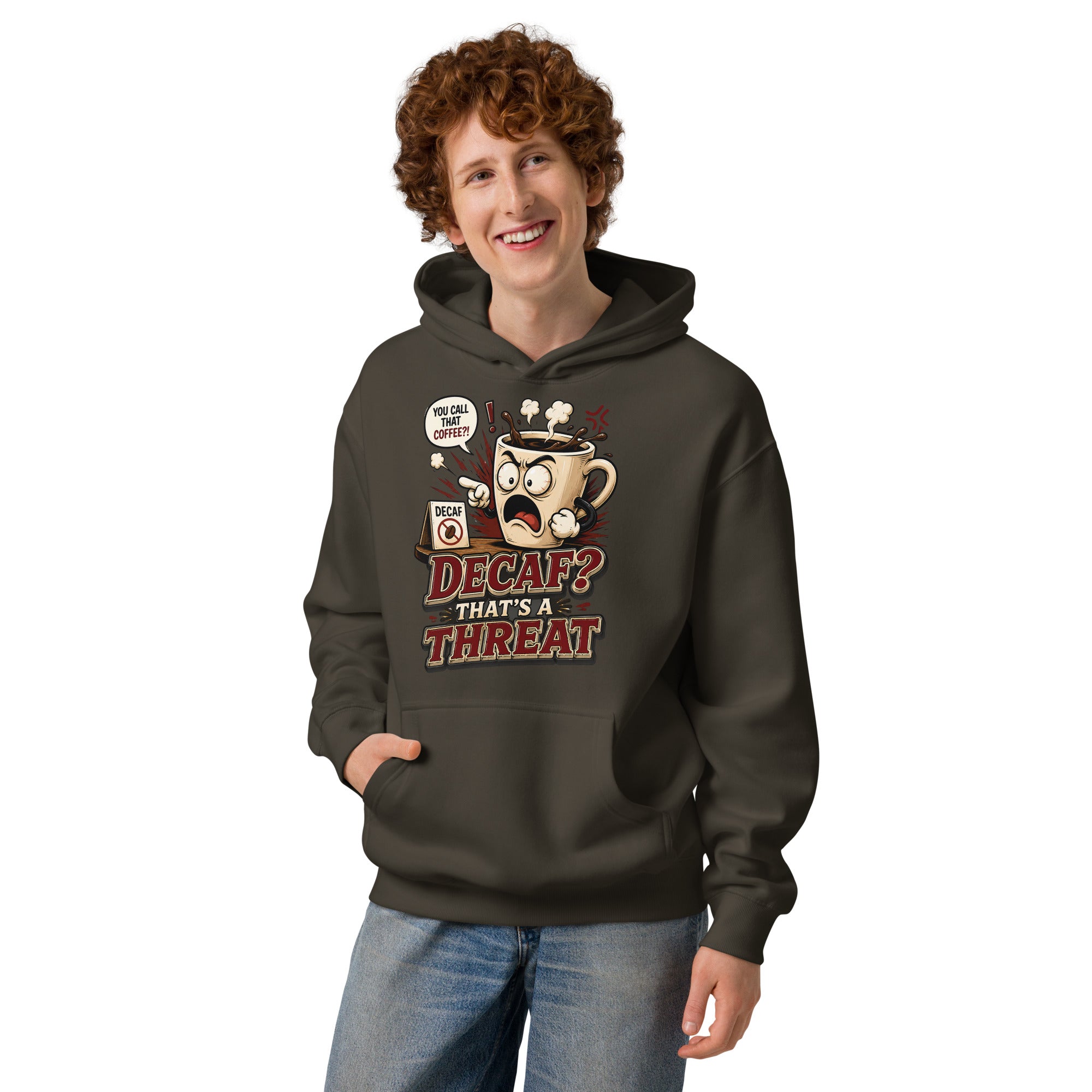 Funny Coffee Lover Ringer Tee - Decaf? That's A Threat! Custom Graphic T-Shirt by printfluence.net