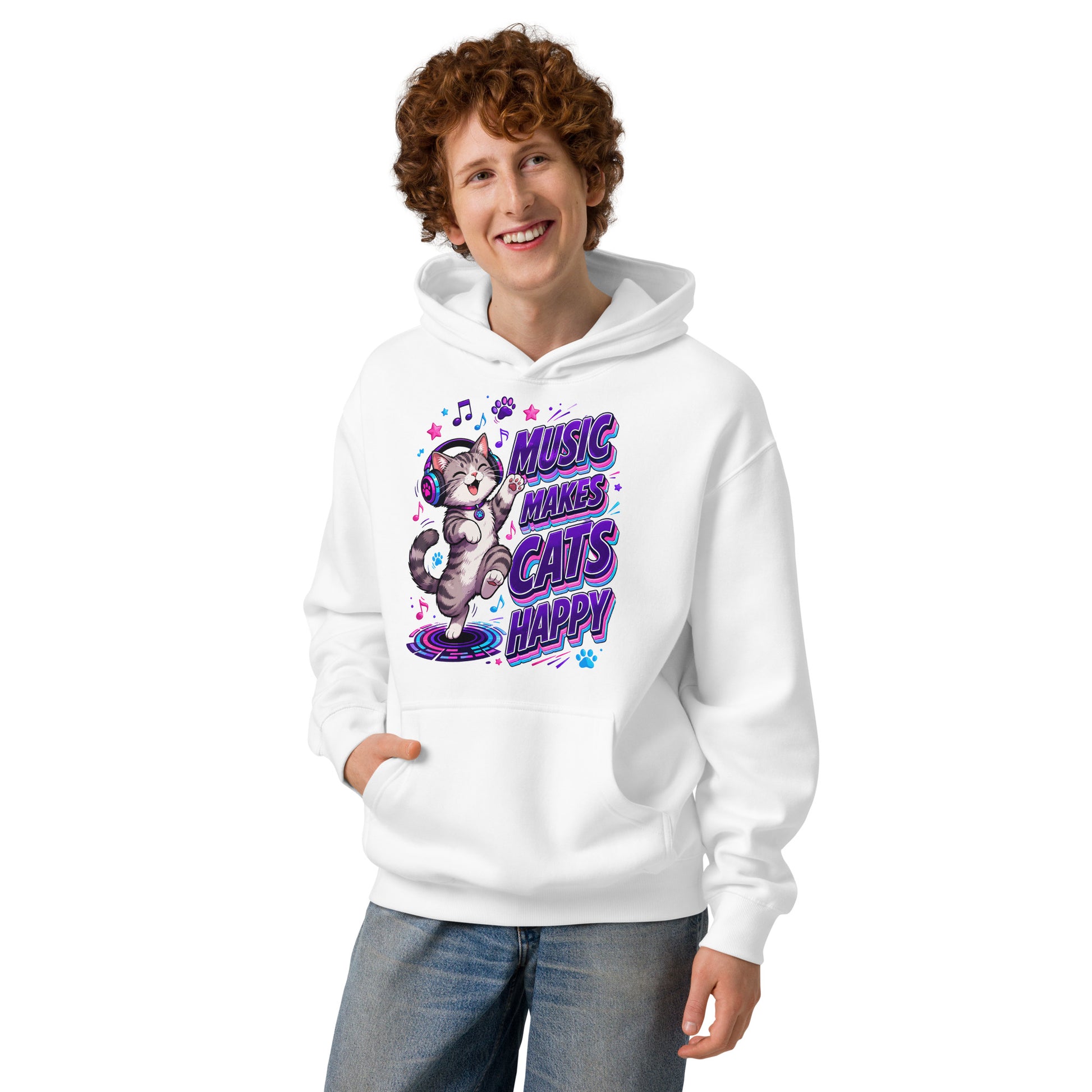Elite Music Makes Cats Happy - Premium Luxury Men’s Box Hoodie for Cat Lovers by printfluence.net