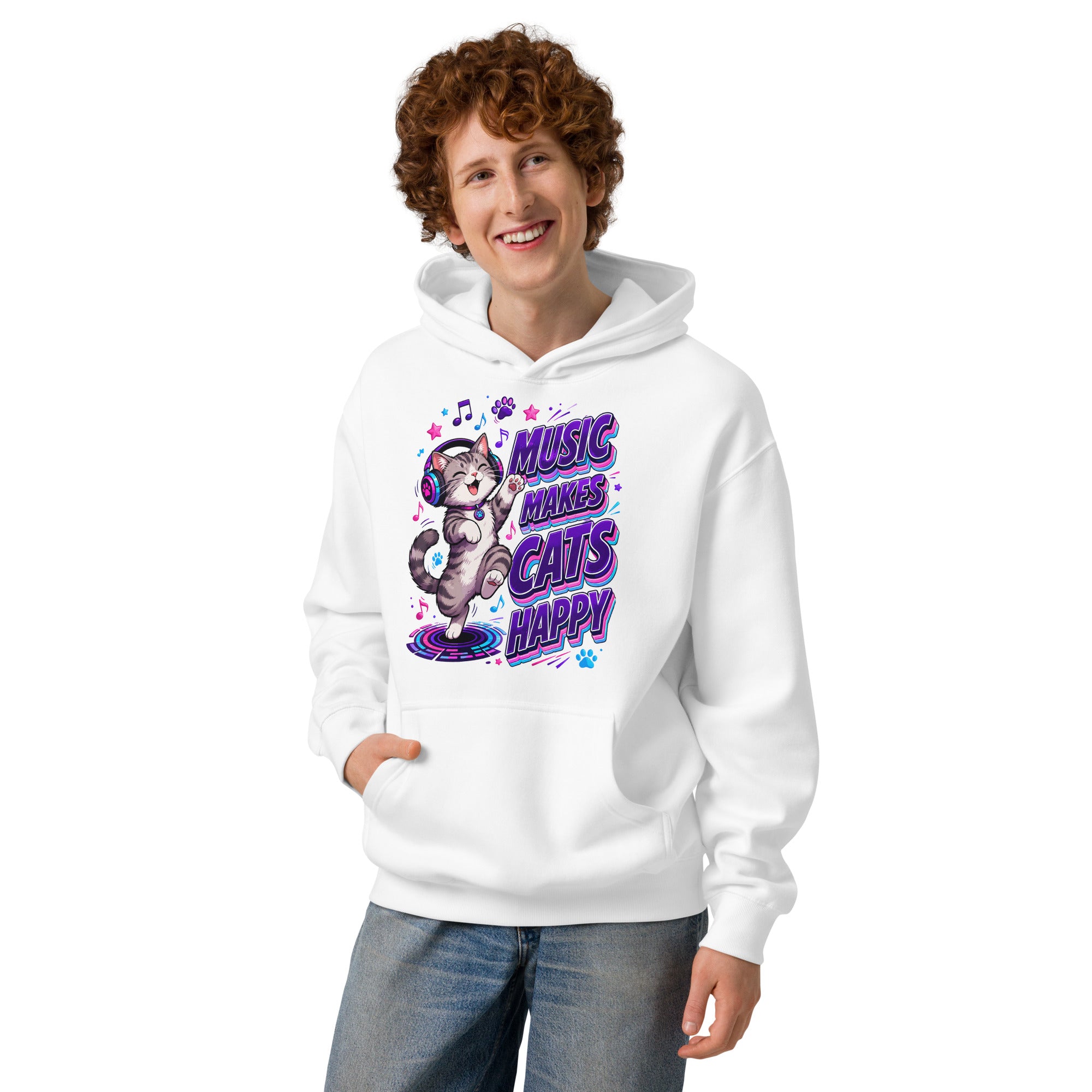 Elite Music Makes Cats Happy - Premium Luxury Men’s Box Hoodie for Cat Lovers by printfluence.net