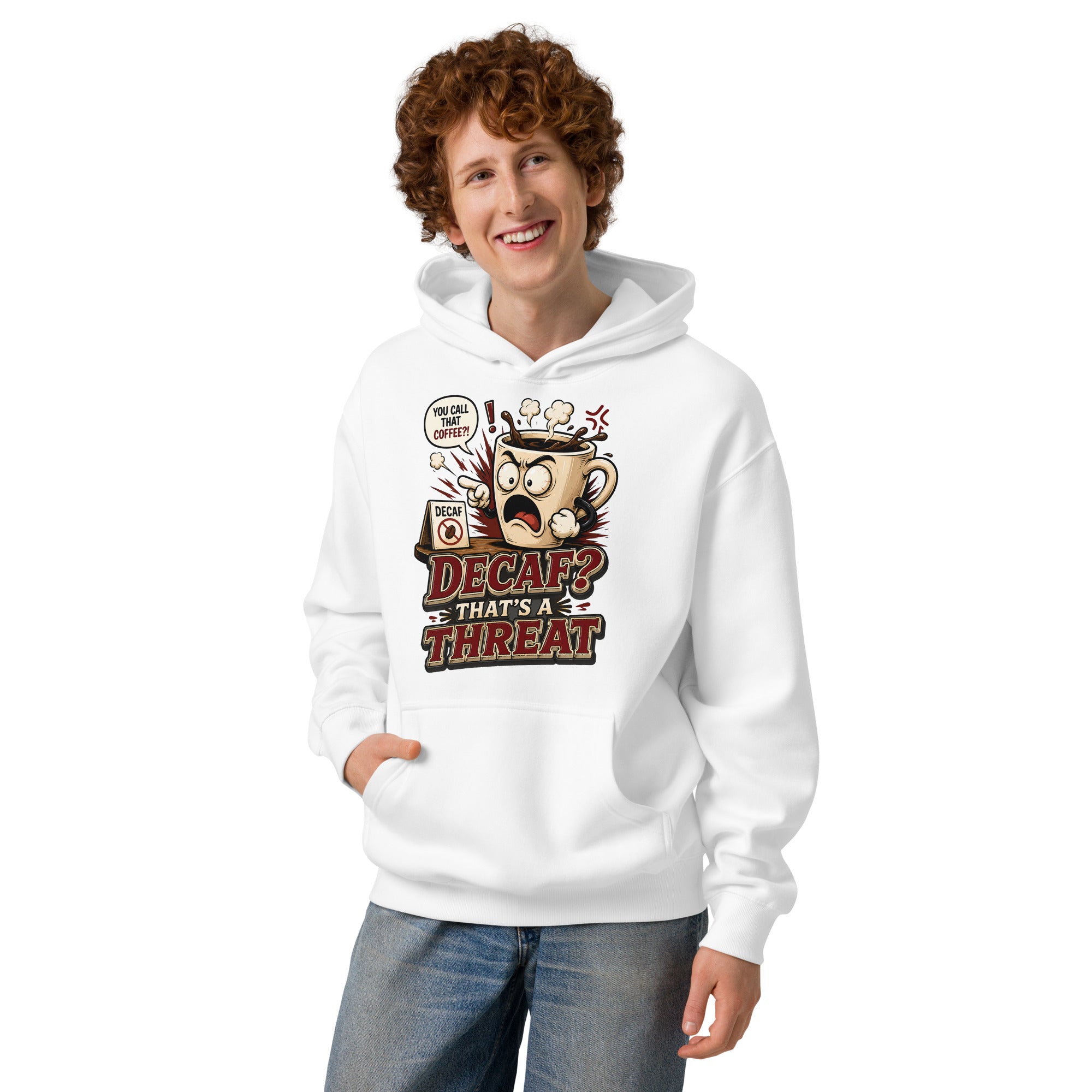 Funny Coffee Lover Ringer Tee - Decaf? That's A Threat! Custom Graphic T-Shirt by printfluence.net