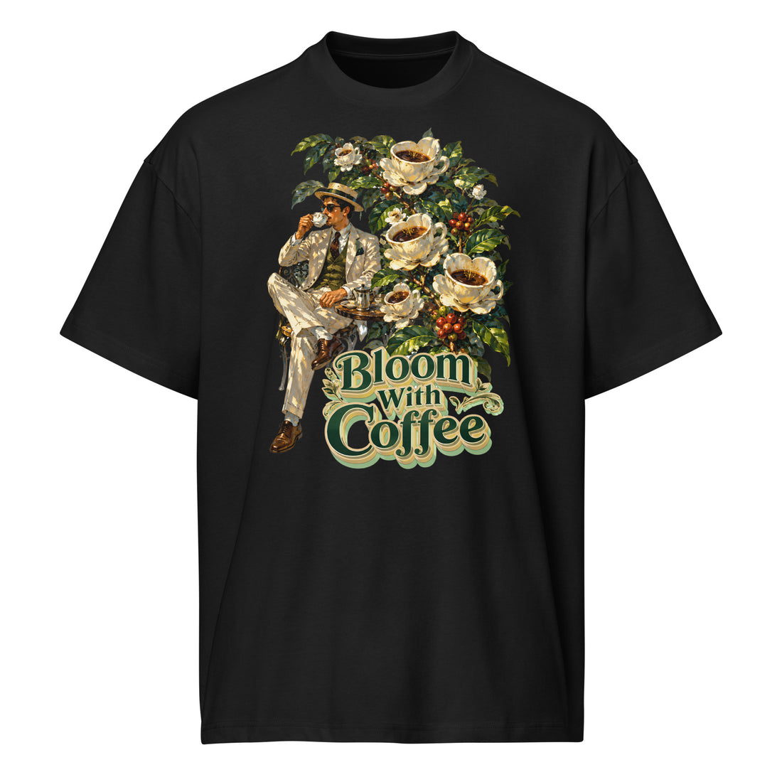 Coffee Lovers Men’s Box Tee Bloom with Coffee – Vintage Botanical & Gentleman Graphic Tee by printfluence.net