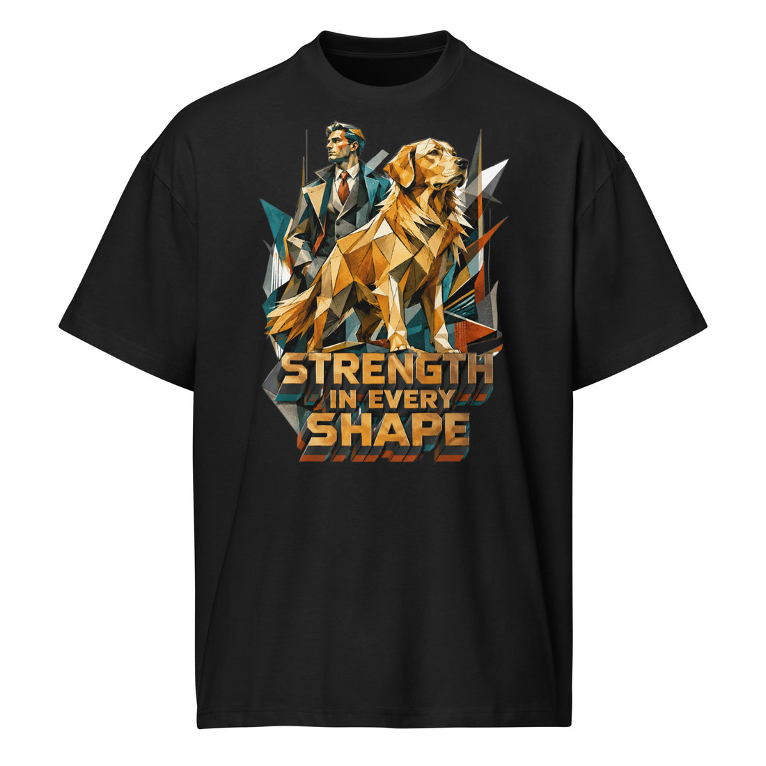 Golden Retriever Lovers Men’s Box Tee — "Strength in Every Shape" Geometric Detective and Golden Dog Design by printfluence.net