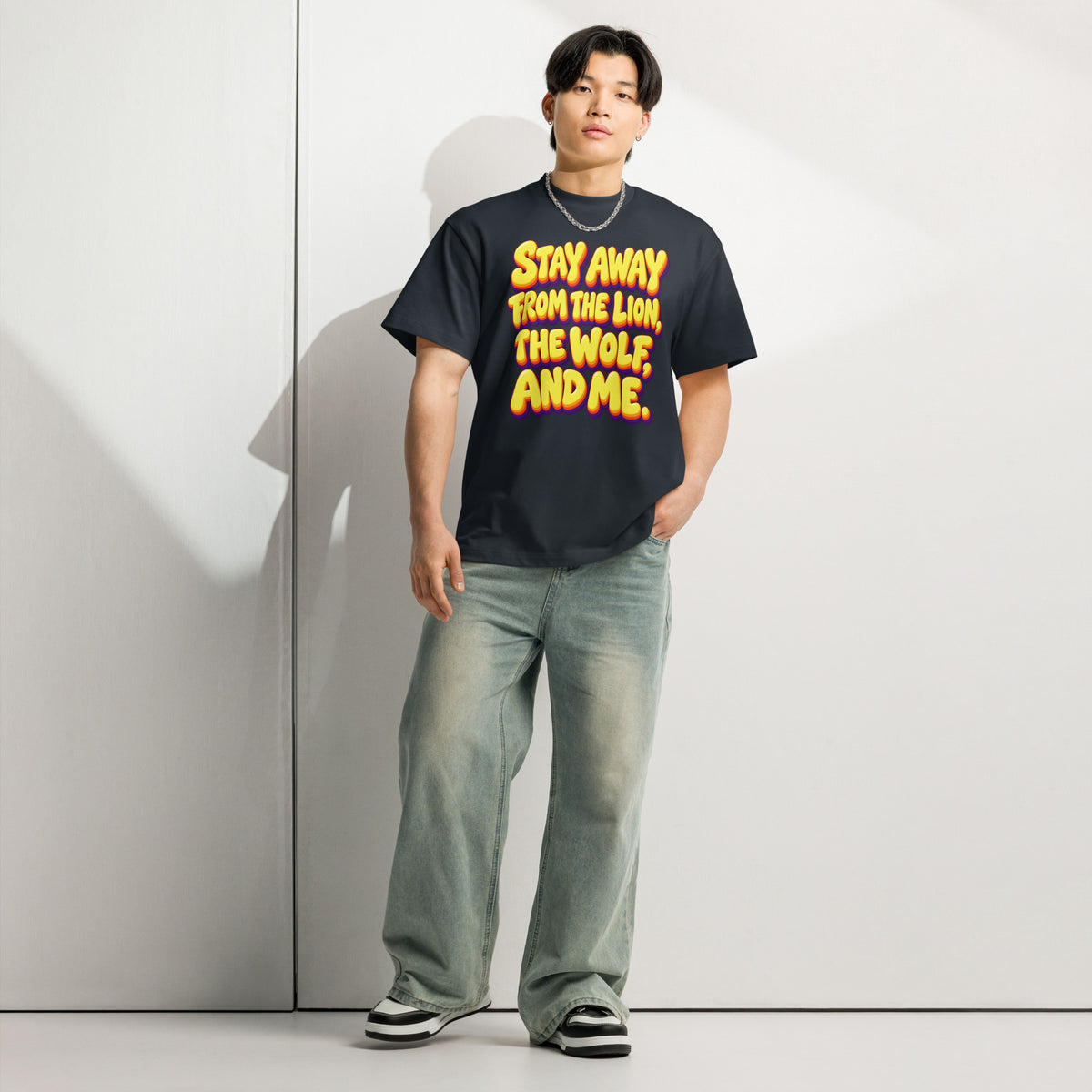 Sarcastic Humor Lovers | Men’s Box Tee — Stay Away From The Lion, The Wolf, And Me. by printfluence
