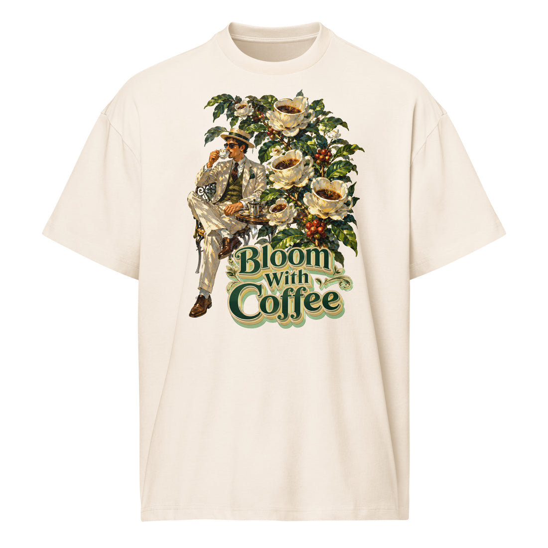 Coffee Lovers Men’s Box Tee Bloom with Coffee – Vintage Botanical & Gentleman Graphic Tee by printfluence.net