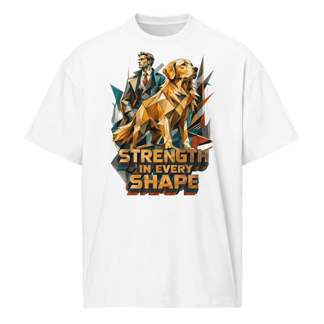 Golden Retriever Lovers Men’s Box Tee — "Strength in Every Shape" Geometric Detective and Golden Dog Design by printfluence.net