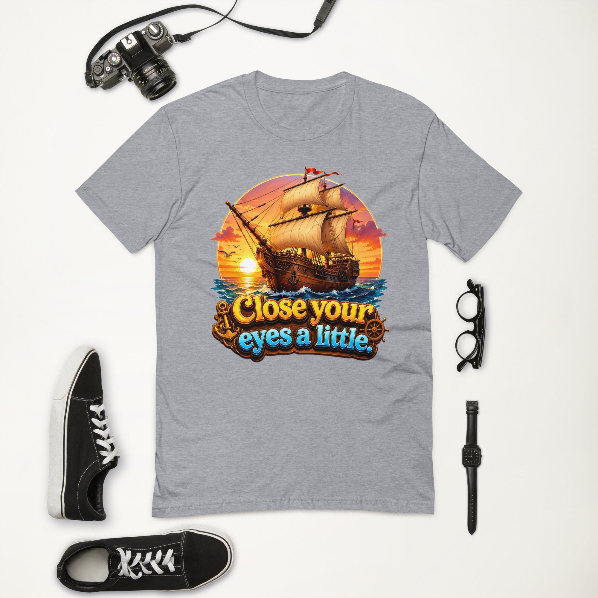 Short Sleeve T-shirt - Close Your Eyes A Little - Majestic Sunset Sailing Ship by printfluence.net