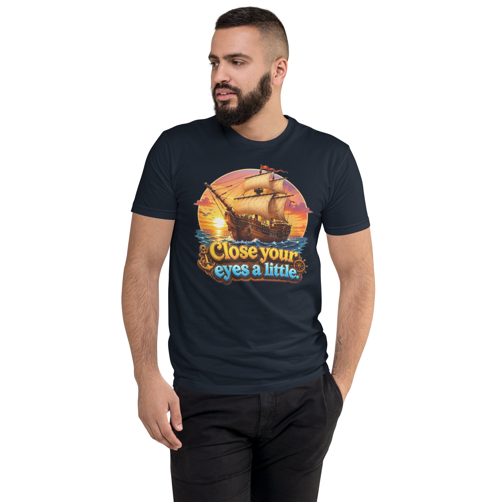 Short Sleeve T-shirt - Close Your Eyes A Little - Majestic Sunset Sailing Ship by printfluence.net