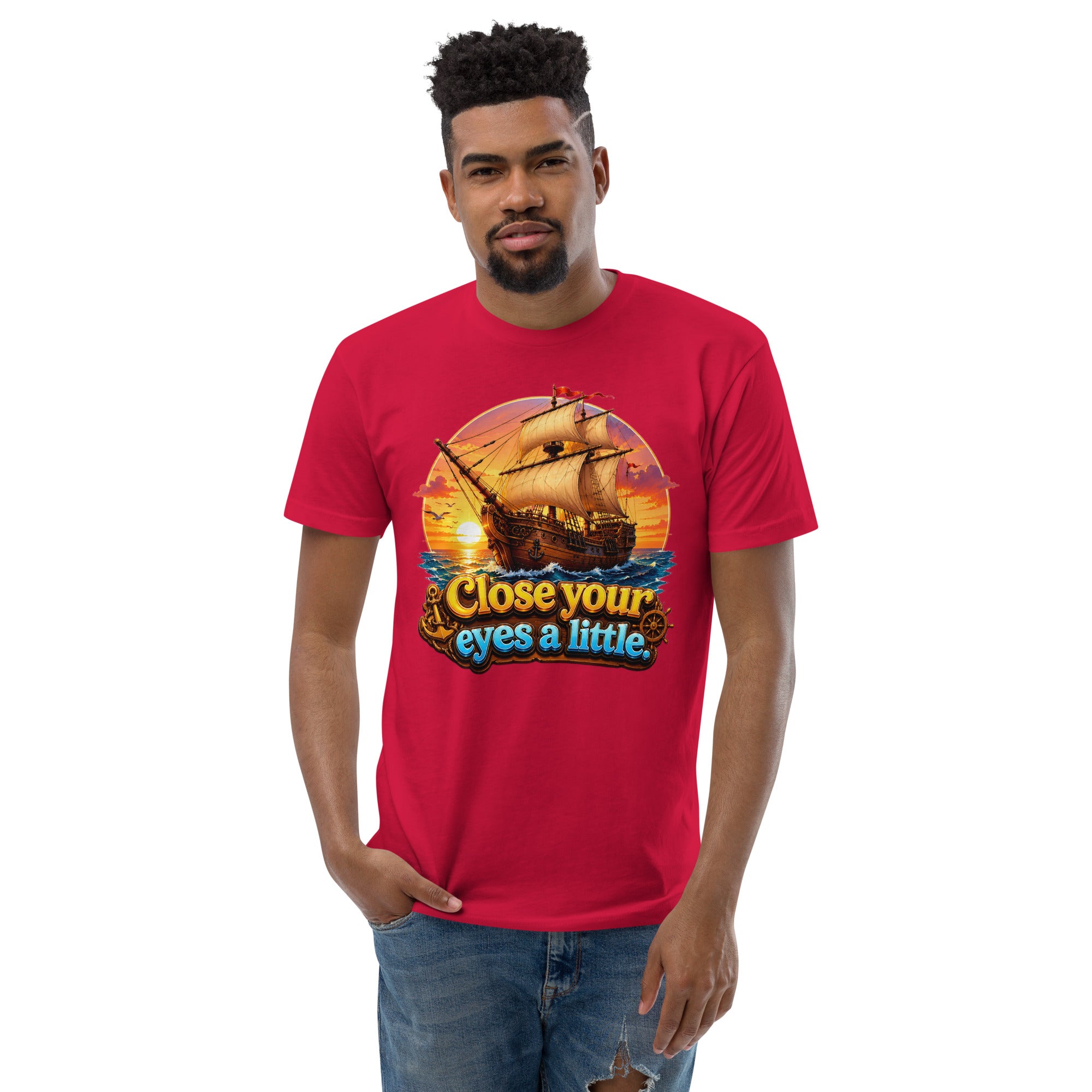 Short Sleeve T-shirt - Close Your Eyes A Little - Majestic Sunset Sailing Ship by printfluence.net