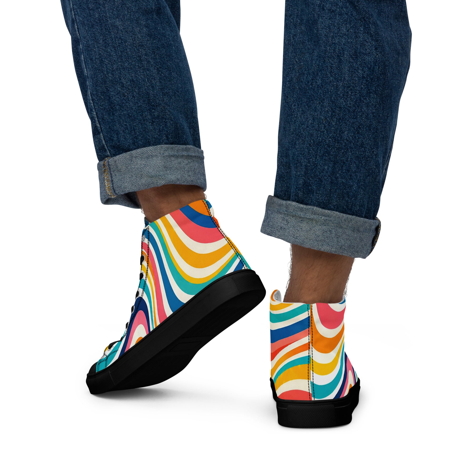 Men’s high top canvas shoes - Retro Flow: Men’s High Top Canvas Shoes - Vibrant Psychedelic Wave Design by printfluence.net