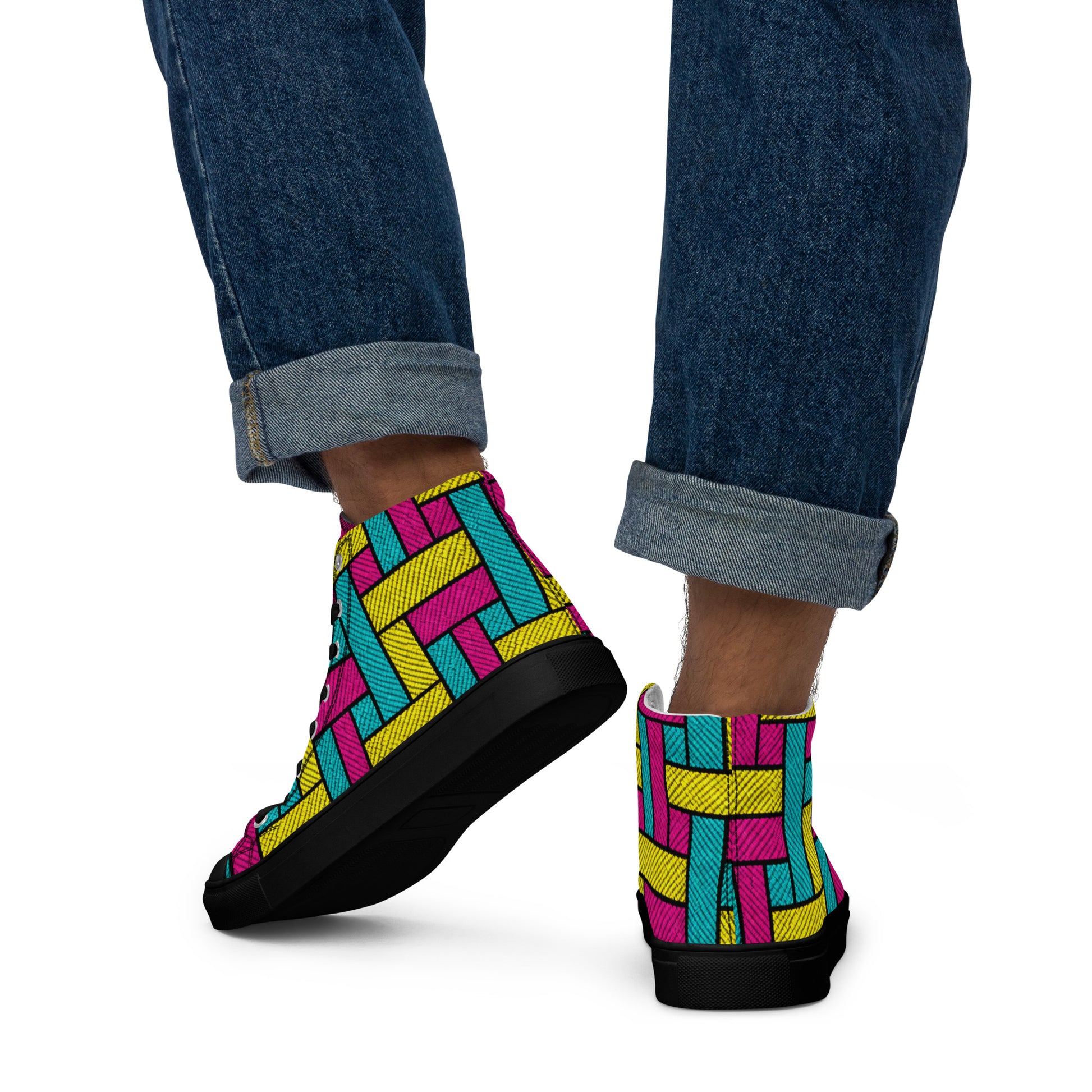 Men’s high top canvas shoes - Vibrant Weave: Men’s High Top Canvas Shoes - Neon Retro Woven Pattern Art by printfluence.net