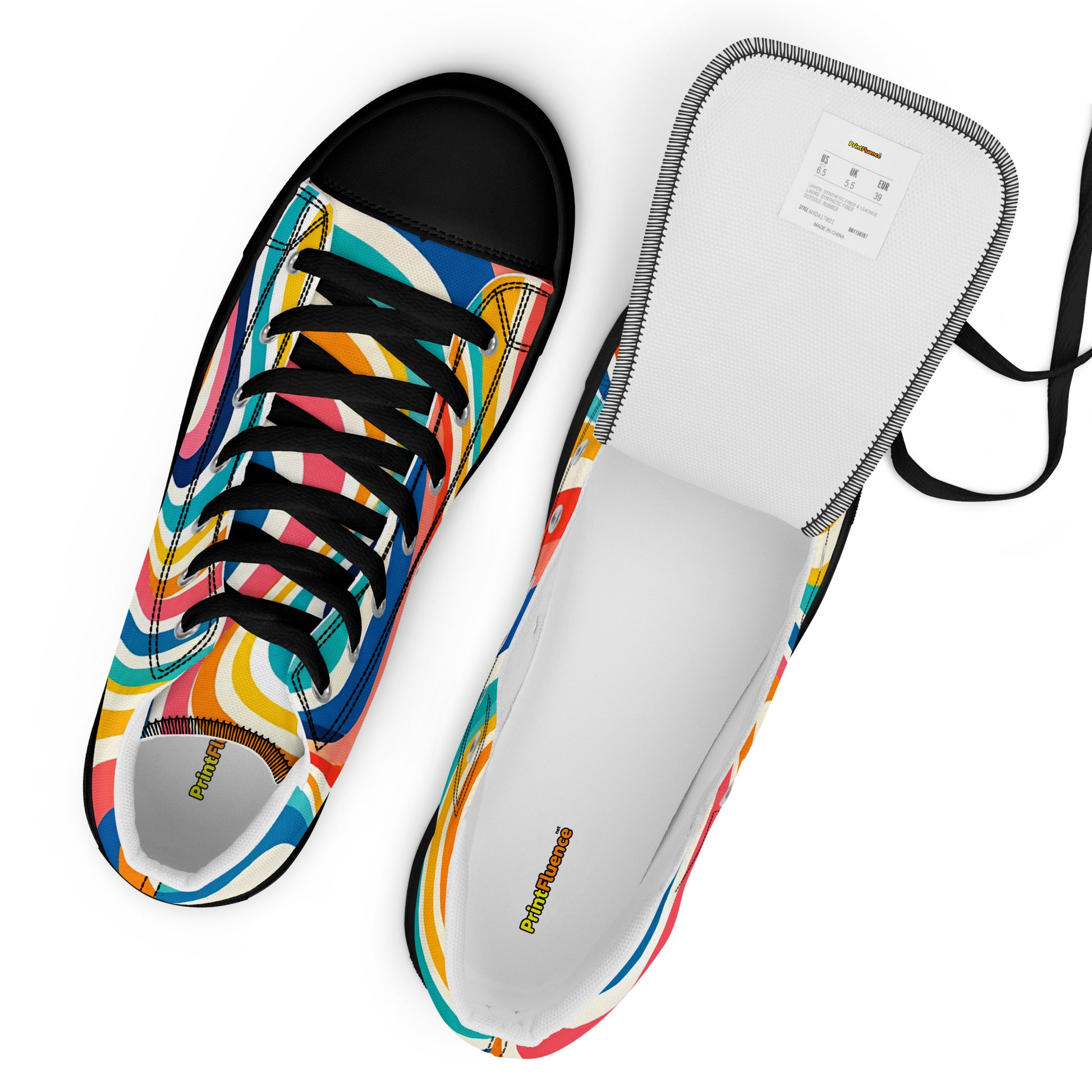 Men’s high top canvas shoes - Retro Flow: Men’s High Top Canvas Shoes - Vibrant Psychedelic Wave Design by printfluence.net