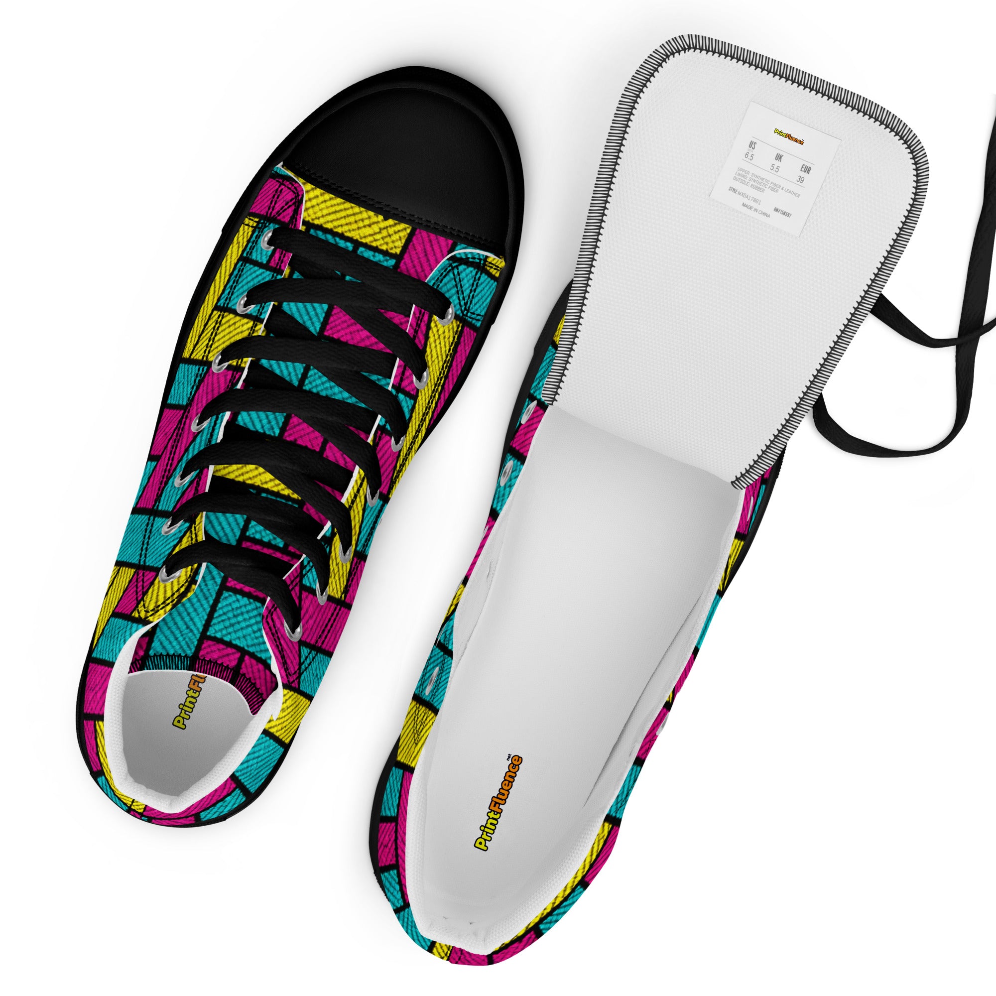 Men’s high top canvas shoes - Vibrant Weave: Men’s High Top Canvas Shoes - Neon Retro Woven Pattern Art by printfluence.net