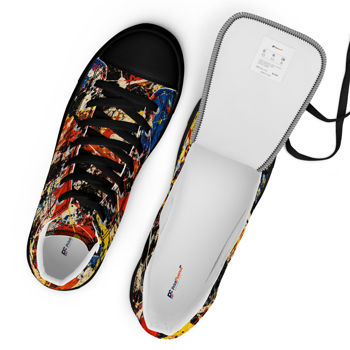 Heritage Bloom Lovers | Men’s High-Top Canvas Shoes — Abstract Expressionist Action Painting Splatter Pattern by printfluence