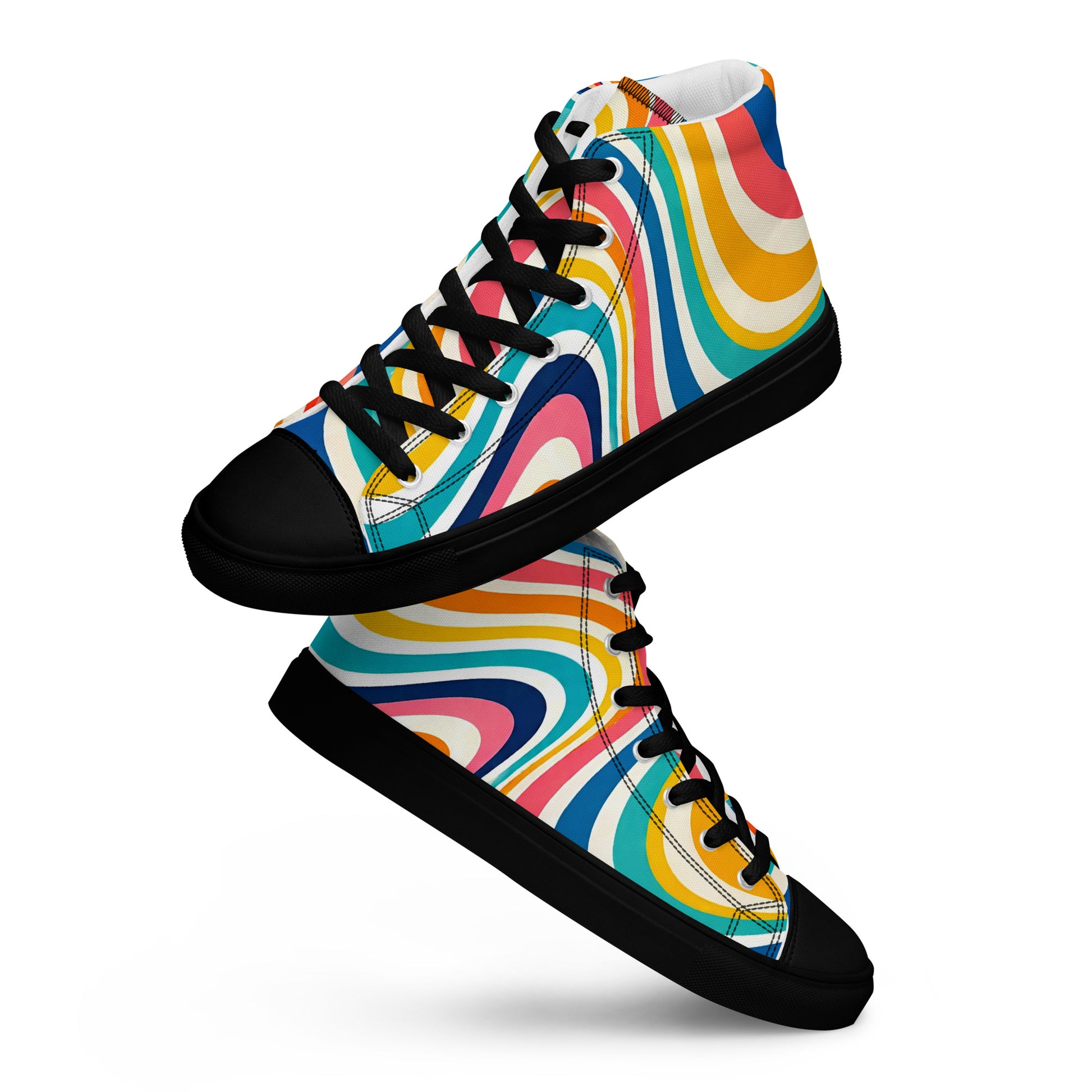 Men’s high top canvas shoes - Retro Flow: Men’s High Top Canvas Shoes - Vibrant Psychedelic Wave Design by printfluence.net