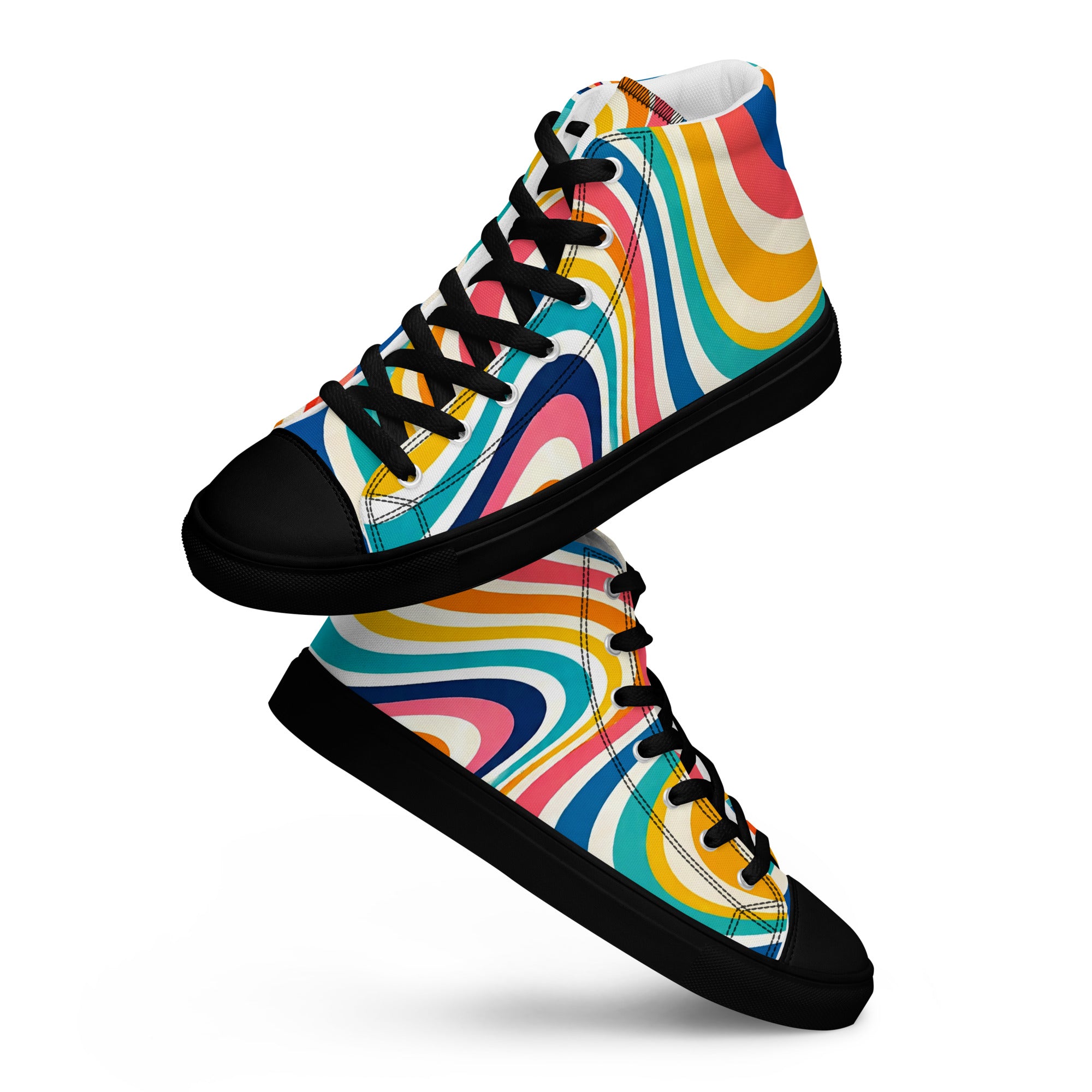 Men’s high top canvas shoes - Retro Flow: Men’s High Top Canvas Shoes - Vibrant Psychedelic Wave Design by printfluence.net