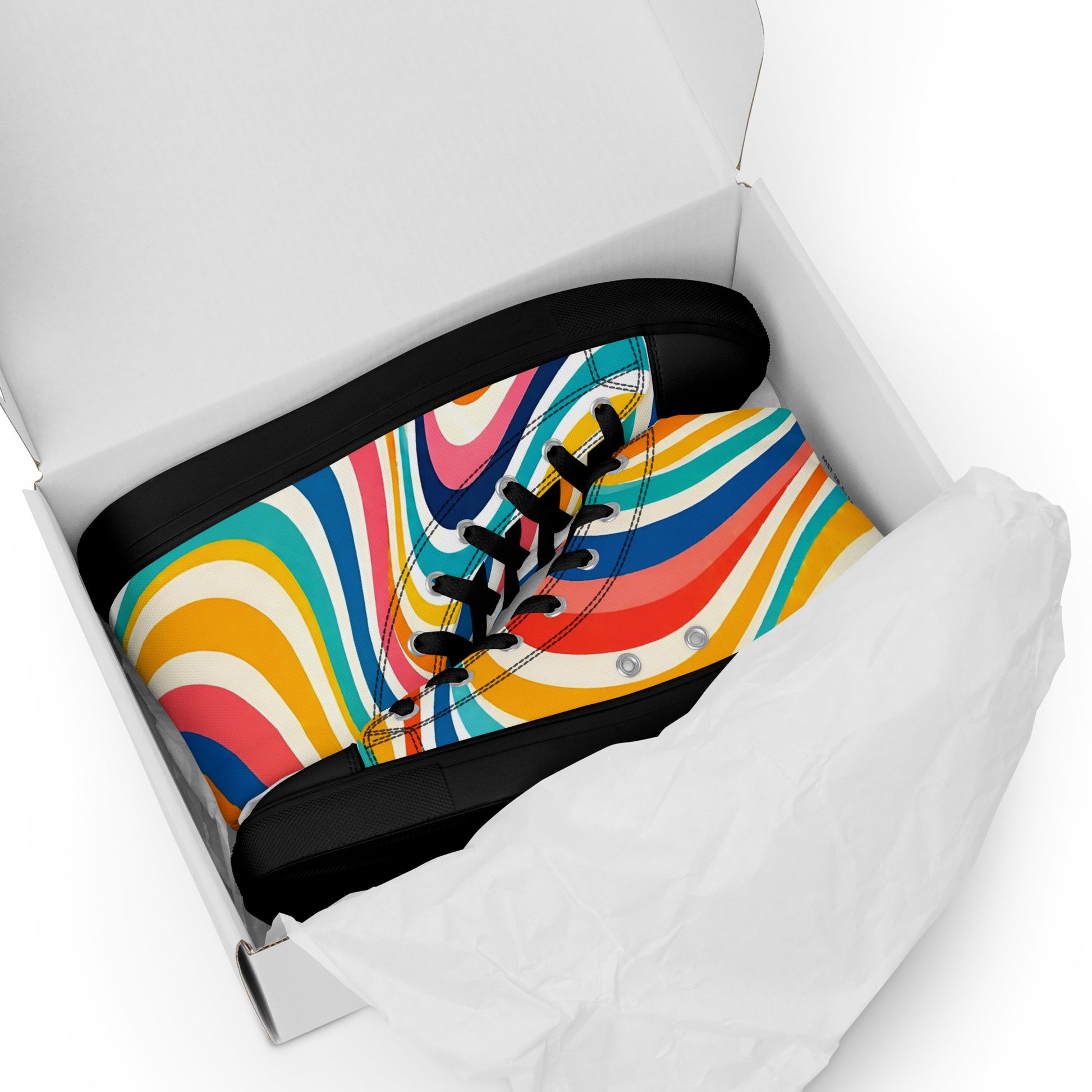 Men’s high top canvas shoes - Retro Flow: Men’s High Top Canvas Shoes - Vibrant Psychedelic Wave Design by printfluence.net