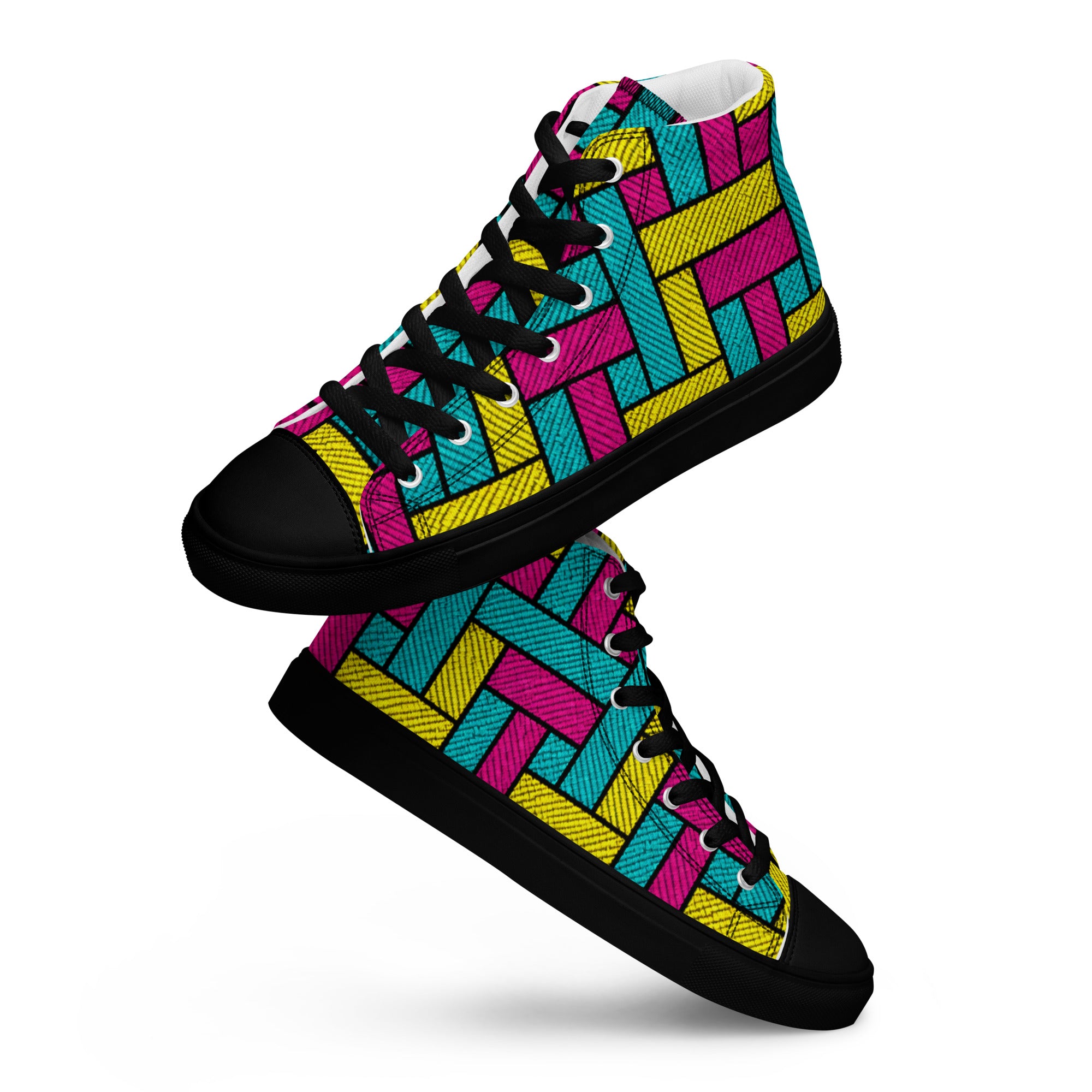 Men’s high top canvas shoes - Vibrant Weave: Men’s High Top Canvas Shoes - Neon Retro Woven Pattern Art by printfluence.net