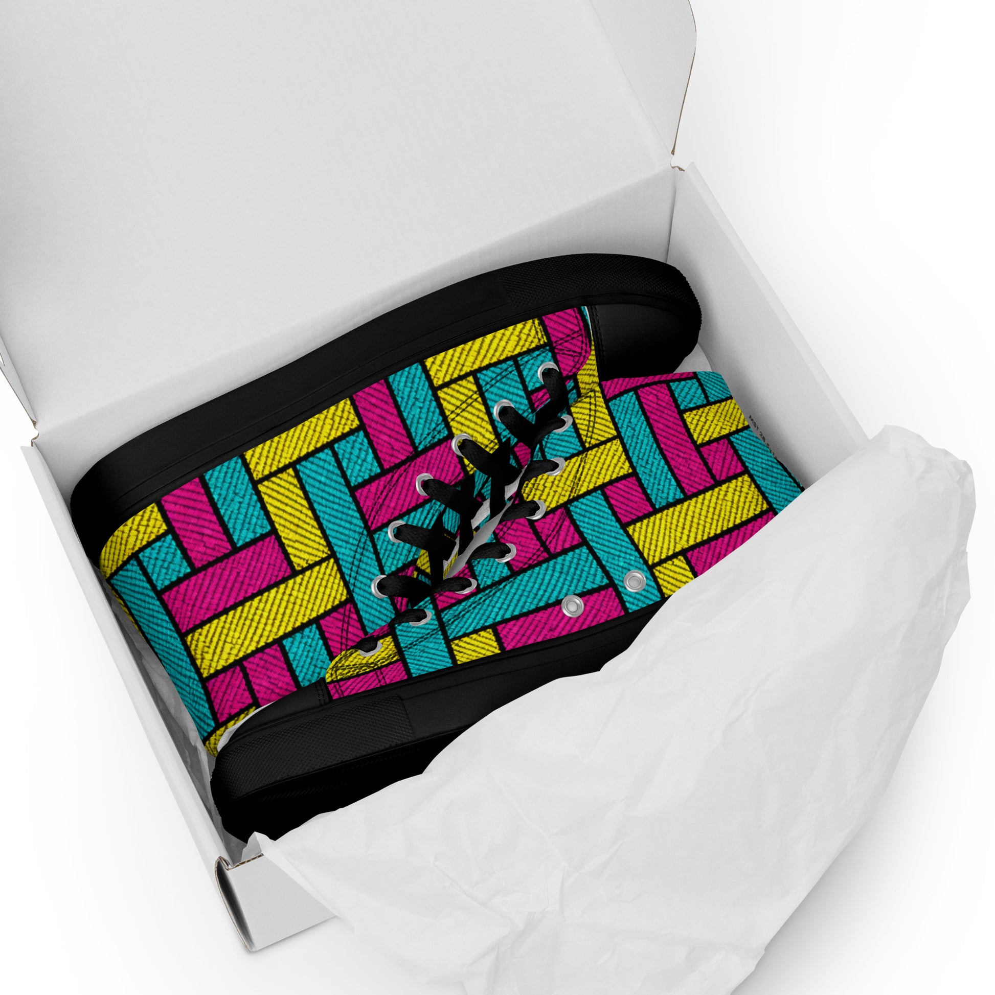 Men’s high top canvas shoes - Vibrant Weave: Men’s High Top Canvas Shoes - Neon Retro Woven Pattern Art by printfluence.net