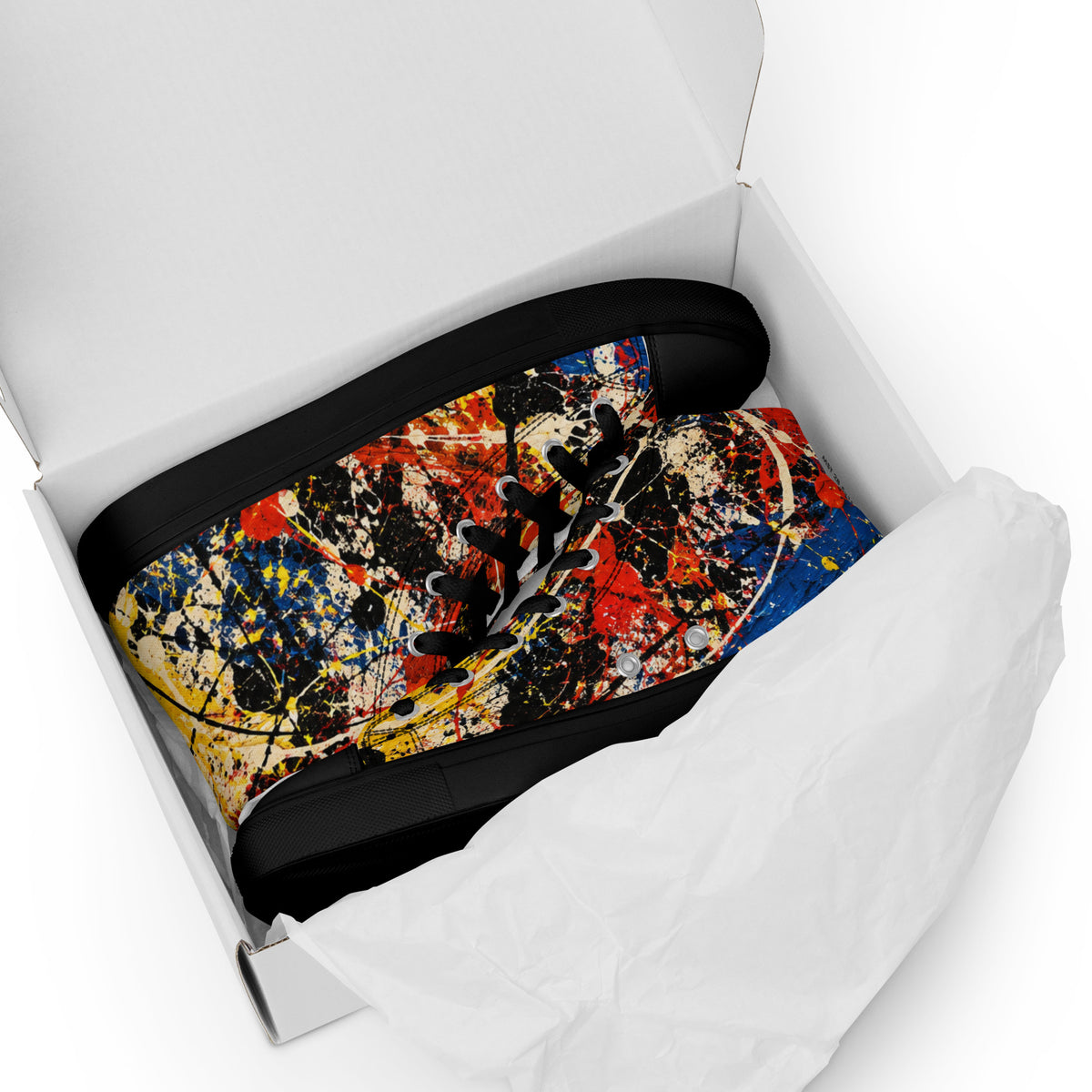 Heritage Bloom Lovers | Men’s High-Top Canvas Shoes — Abstract Expressionist Action Painting Splatter Pattern by printfluence
