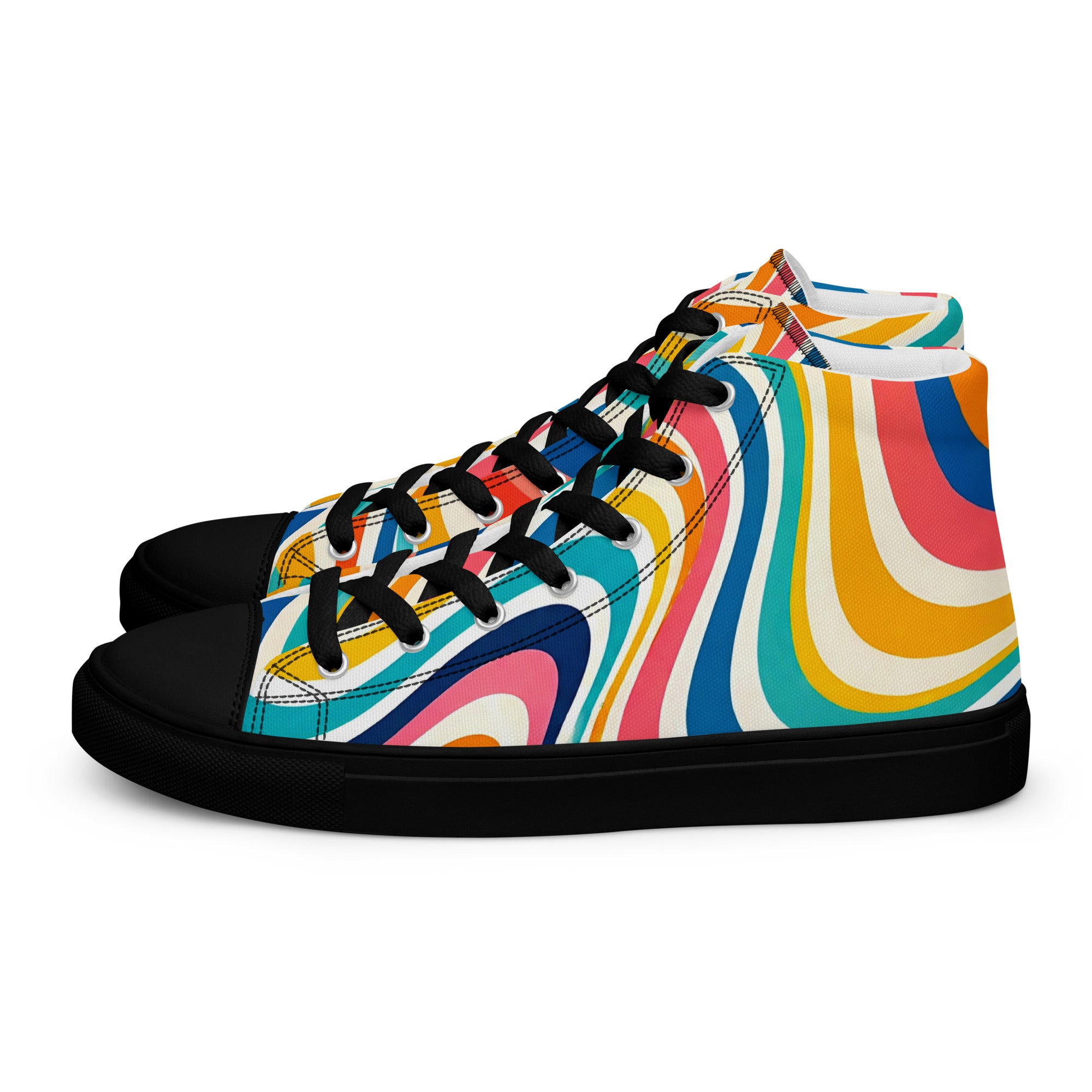 Men’s high top canvas shoes - Retro Flow: Men’s High Top Canvas Shoes - Vibrant Psychedelic Wave Design by printfluence.net