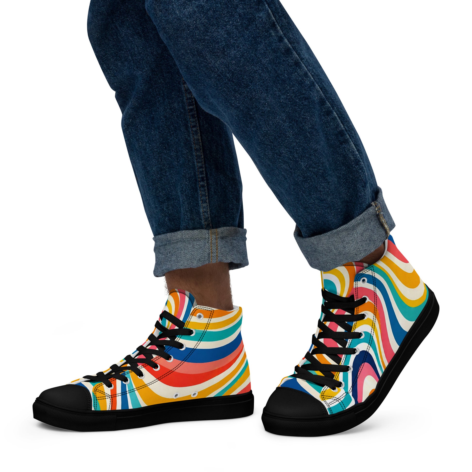 Men’s high top canvas shoes - Retro Flow: Men’s High Top Canvas Shoes - Vibrant Psychedelic Wave Design by printfluence.net