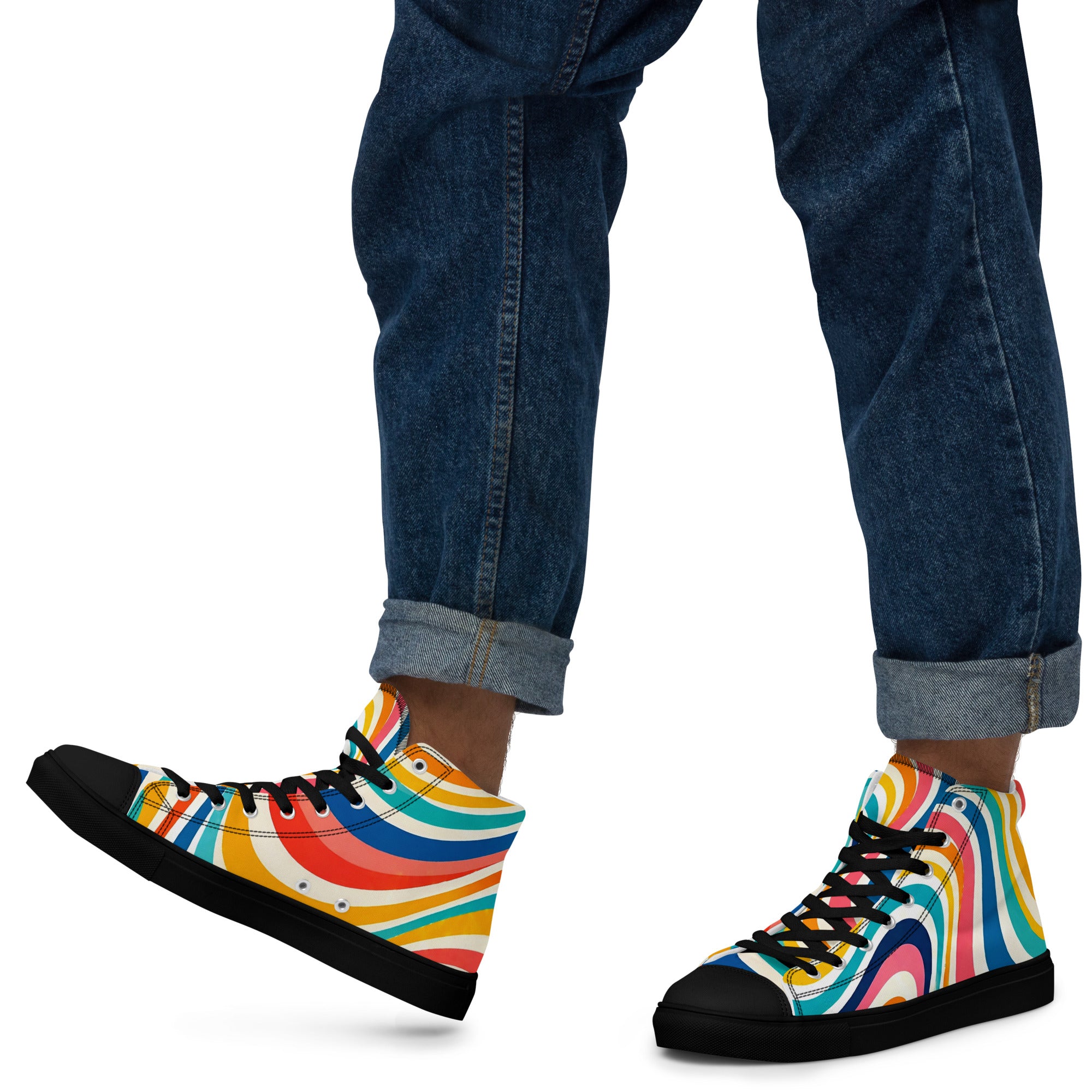 Men’s high top canvas shoes - Retro Flow: Men’s High Top Canvas Shoes - Vibrant Psychedelic Wave Design by printfluence.net