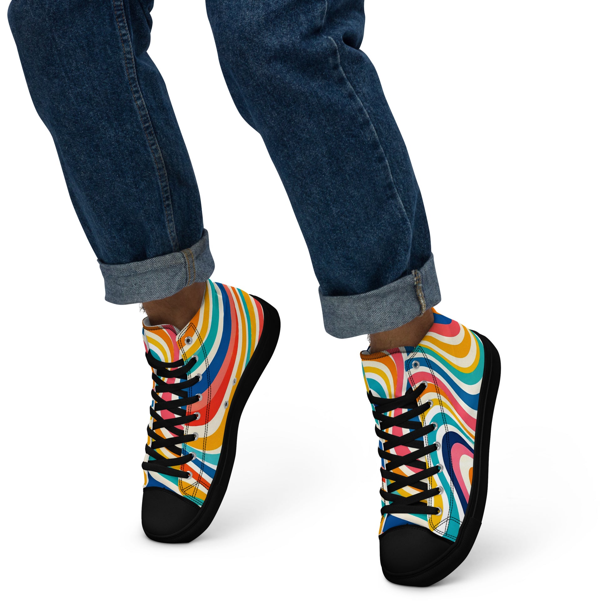 Men’s high top canvas shoes - Retro Flow: Men’s High Top Canvas Shoes - Vibrant Psychedelic Wave Design by printfluence.net
