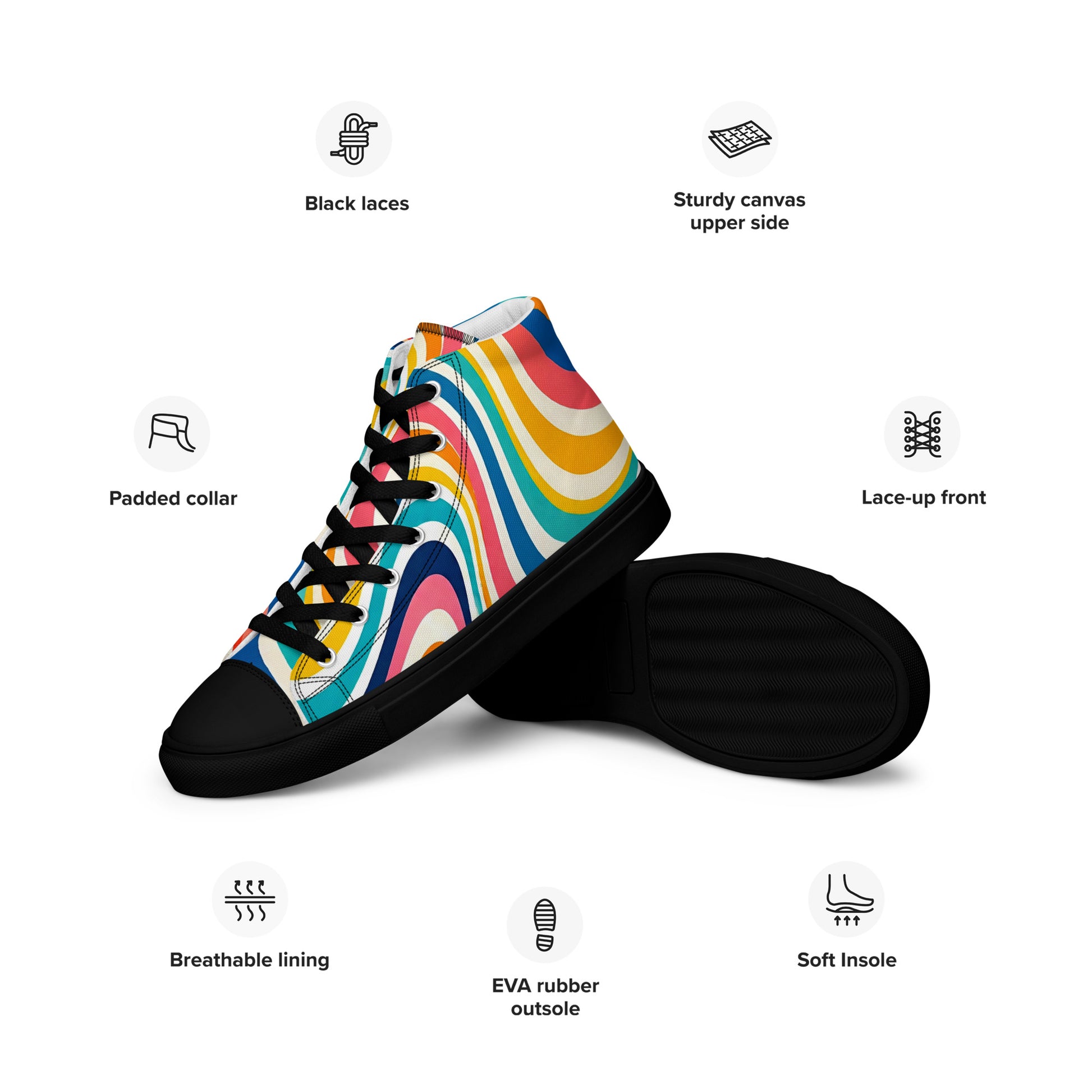 Men’s high top canvas shoes - Retro Flow: Men’s High Top Canvas Shoes - Vibrant Psychedelic Wave Design by printfluence.net