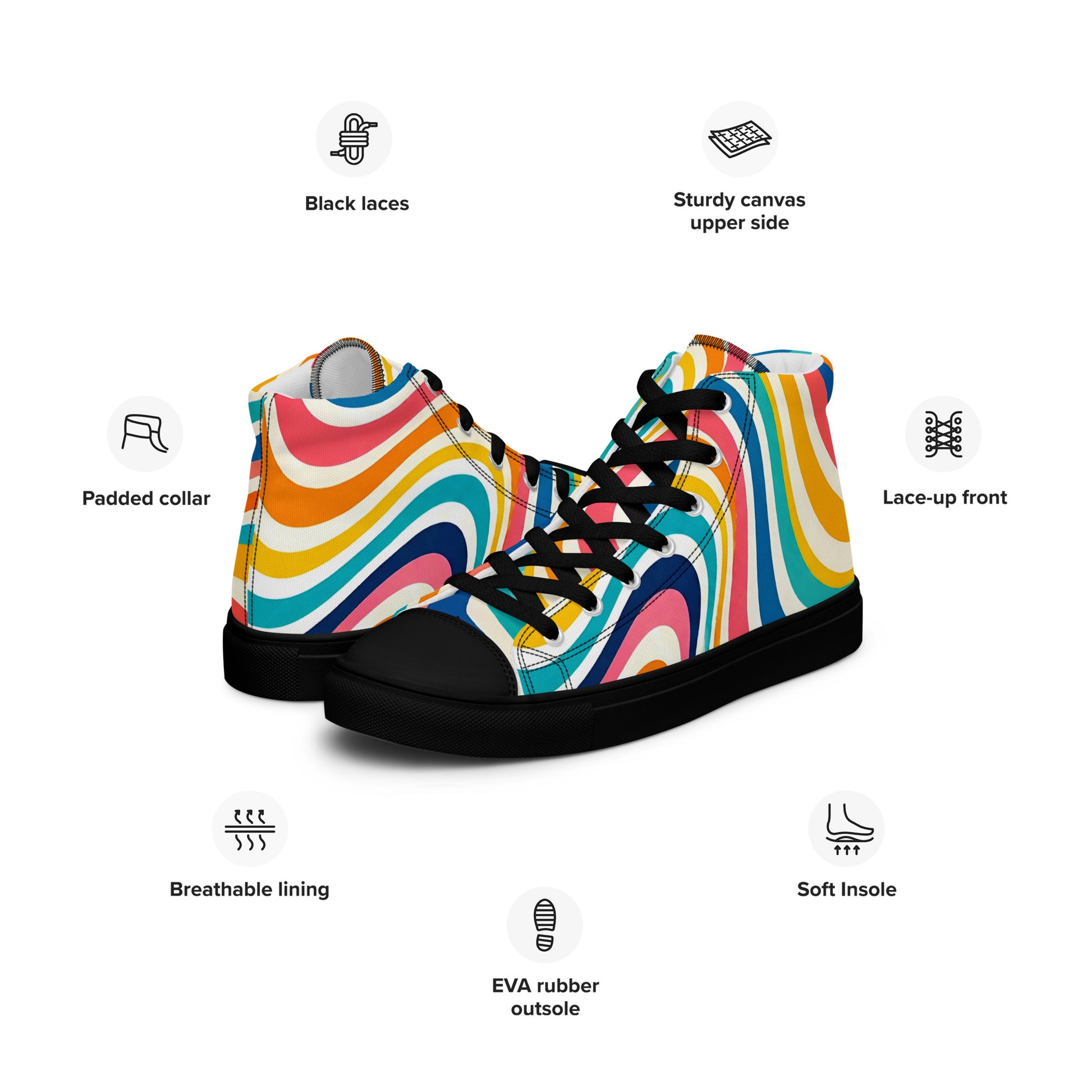 Men’s high top canvas shoes - Retro Flow: Men’s High Top Canvas Shoes - Vibrant Psychedelic Wave Design by printfluence.net