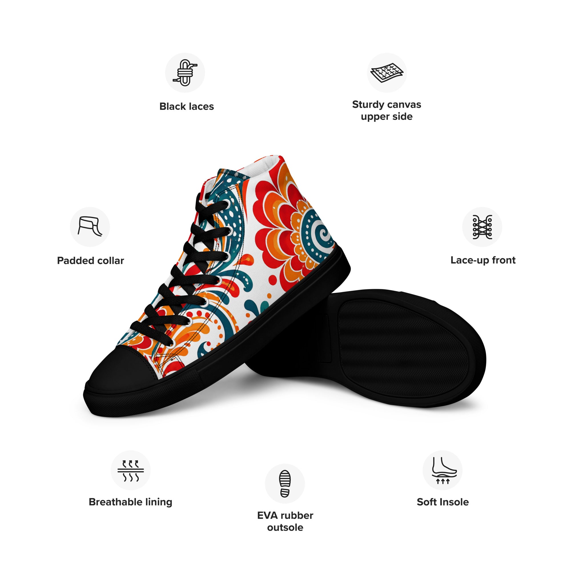 Men’s high top canvas shoes - Heritage Bloom: Men’s High Top Canvas Shoes - Vibrant Floral Paisley Art by printfluence.net