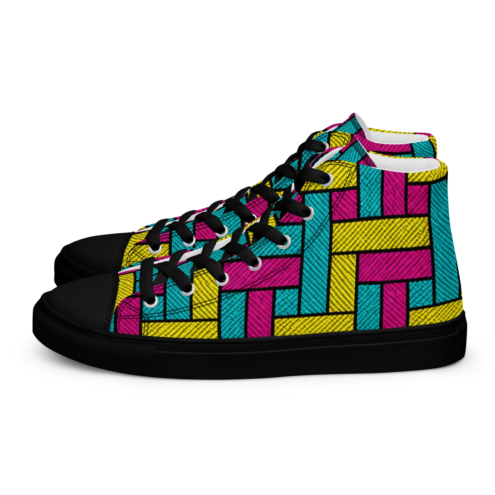 Men’s high top canvas shoes - Vibrant Weave: Men’s High Top Canvas Shoes - Neon Retro Woven Pattern Art by printfluence.net