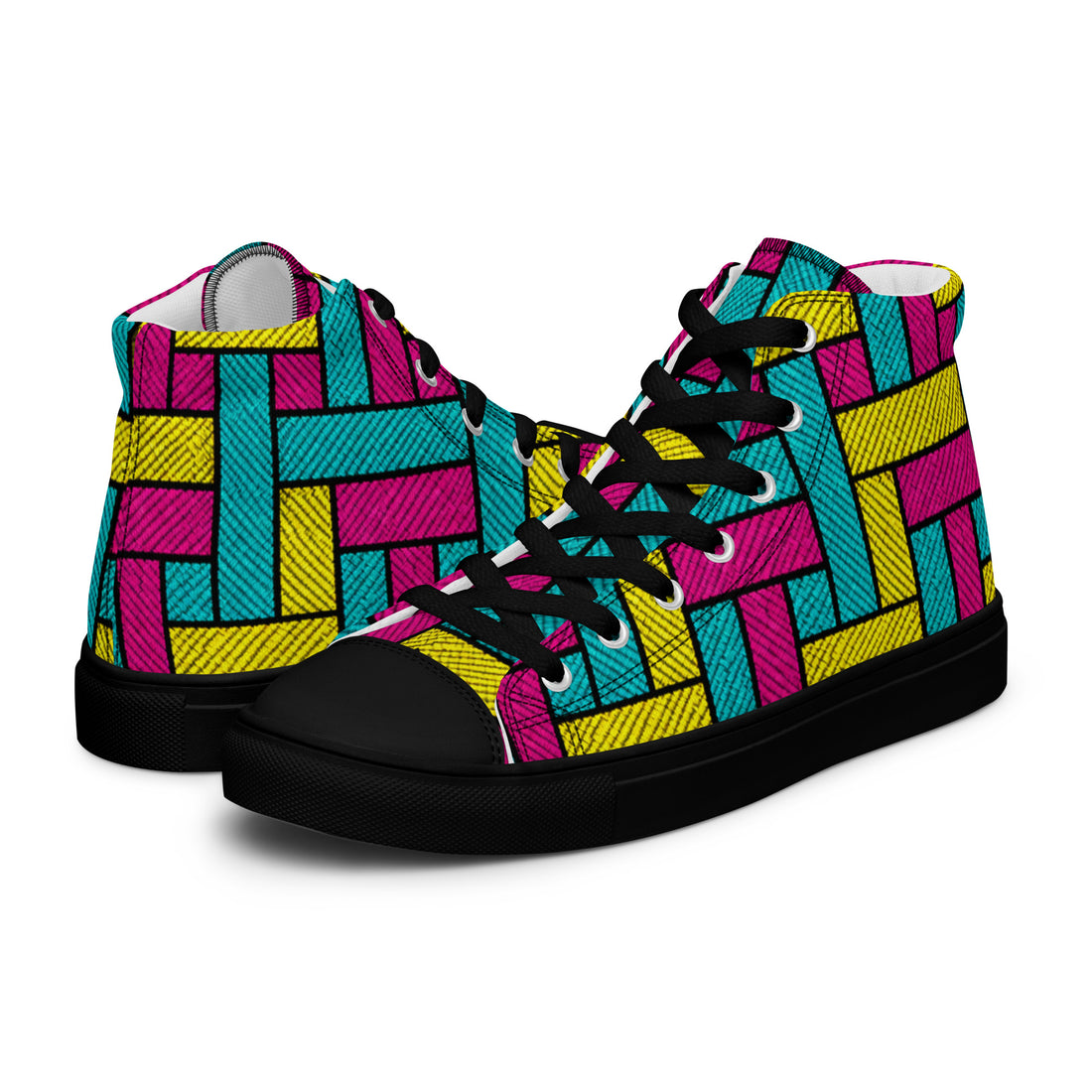 Men’s high top canvas shoes - Vibrant Weave: Men’s High Top Canvas Shoes - Neon Retro Woven Pattern Art by printfluence.net