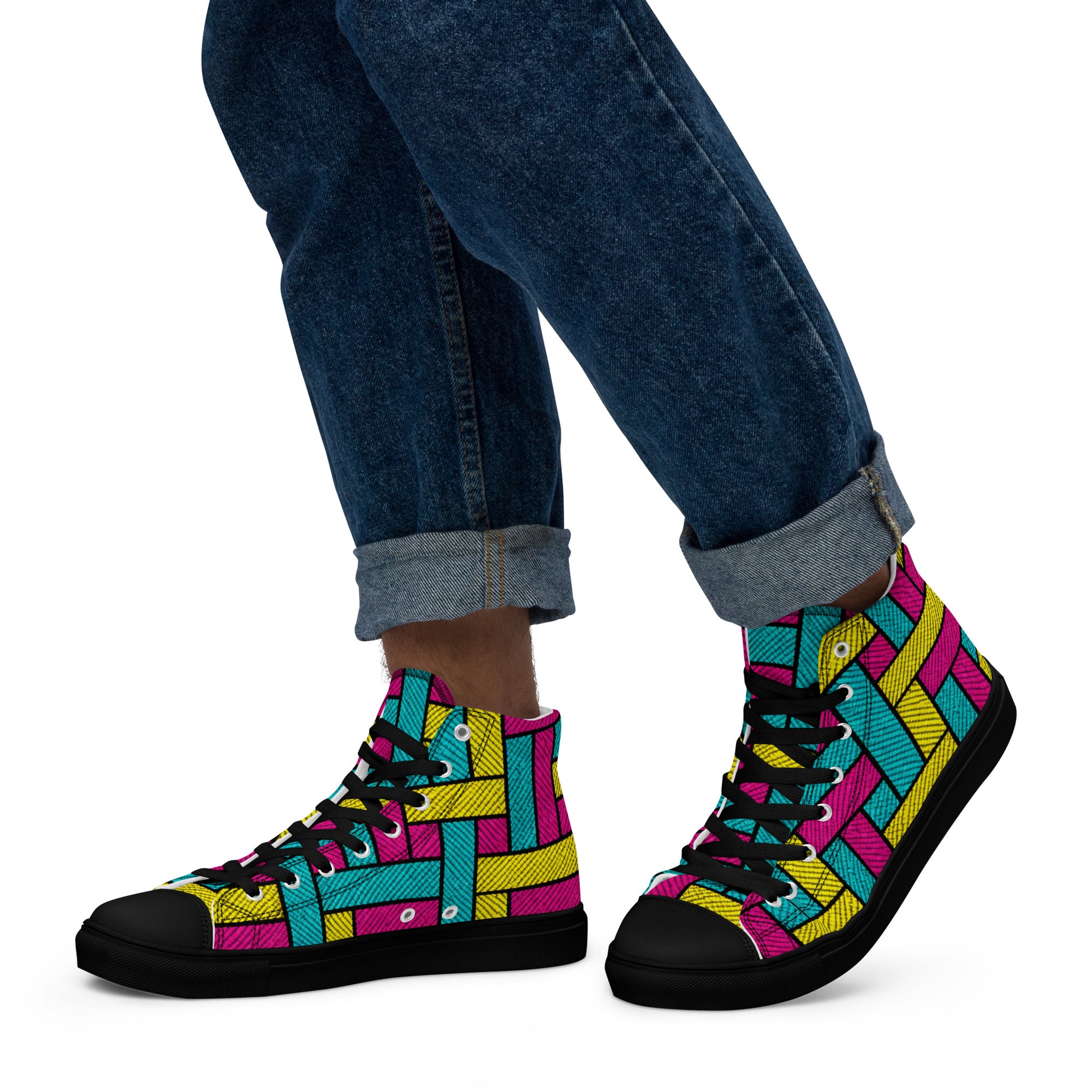 Men’s high top canvas shoes - Vibrant Weave: Men’s High Top Canvas Shoes - Neon Retro Woven Pattern Art by printfluence.net