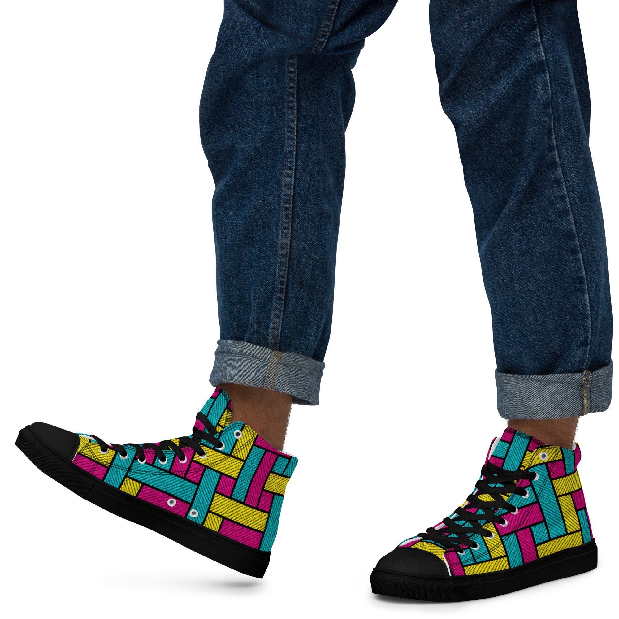 Men’s high top canvas shoes - Vibrant Weave: Men’s High Top Canvas Shoes - Neon Retro Woven Pattern Art by printfluence.net